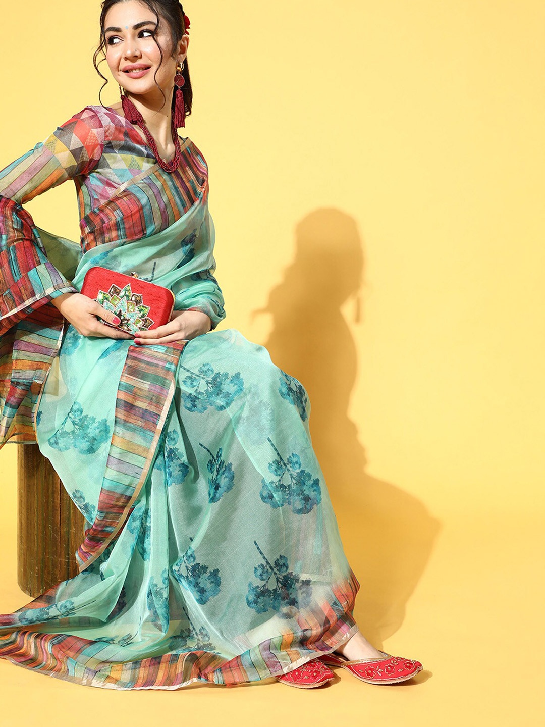 

ODETTE Sea Green & Red Floral Organza Saree
