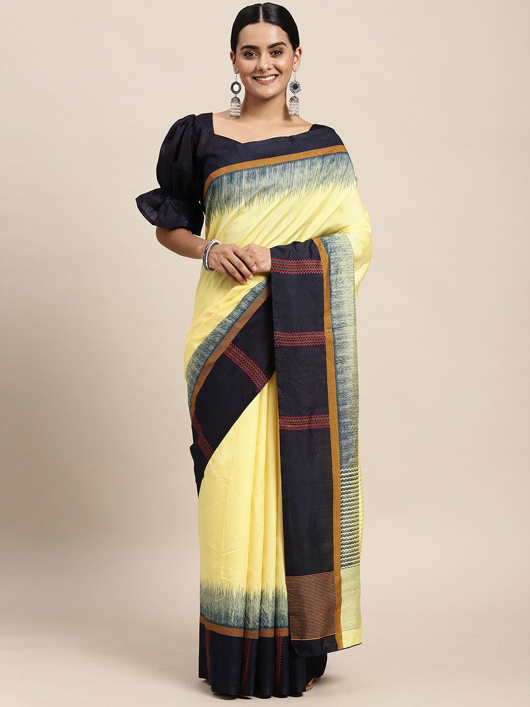 

ODETTE Yellow & Black Silk Blend Bhagalpuri Saree