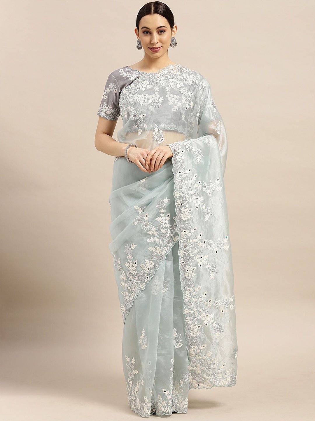 

ODETTE Sea Green & White Floral Embroidered Organza Saree