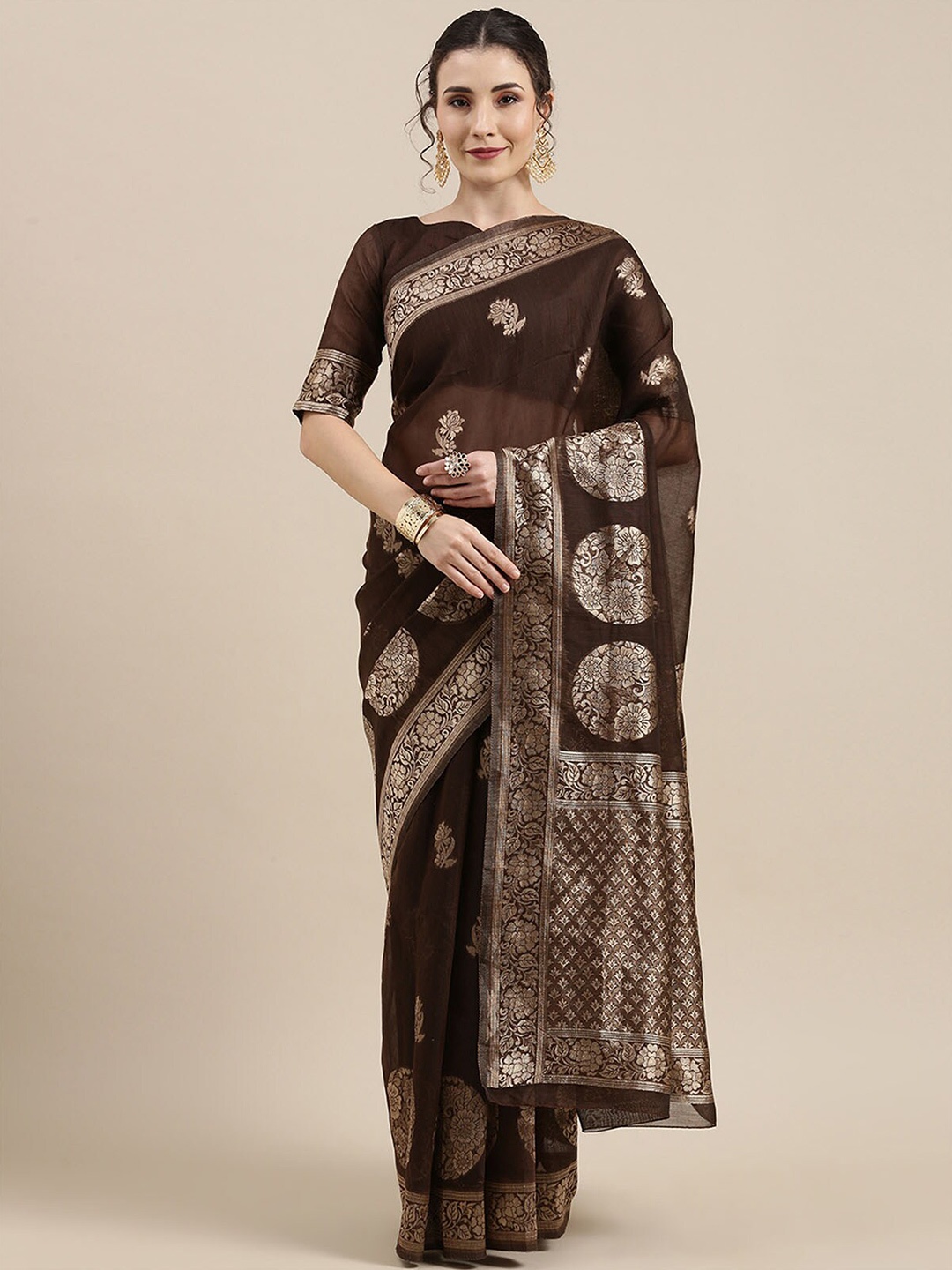 

ODETTE Brown & Gold-Toned Ethnic Motifs Zari Linen Blend Banarasi Saree