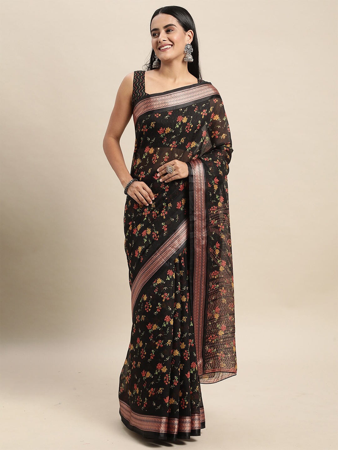 

ODETTE Black & Pink Floral Zari Silk Cotton Saree