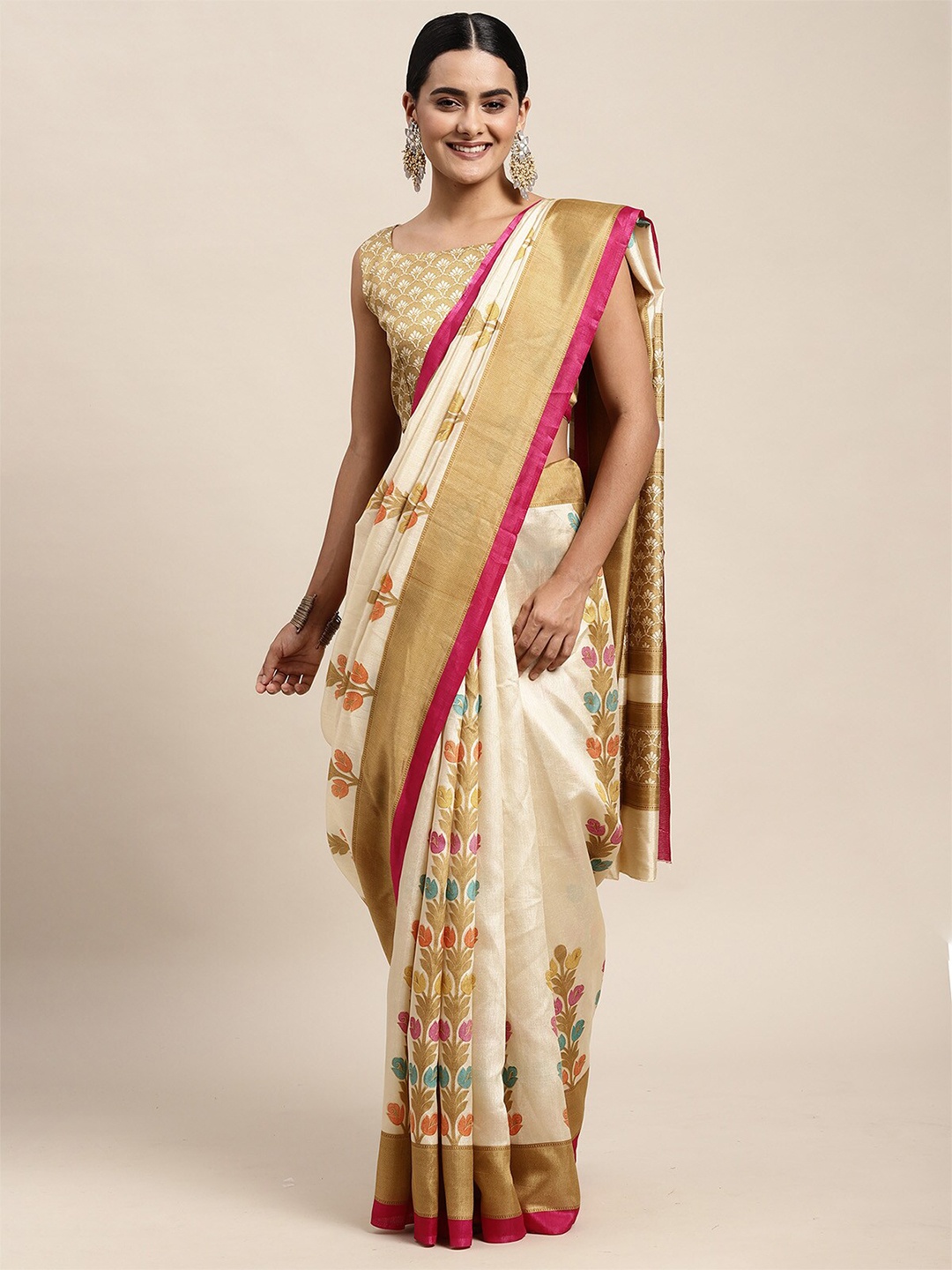 

ODETTE Beige & Pink Floral Zari Silk Blend Saree