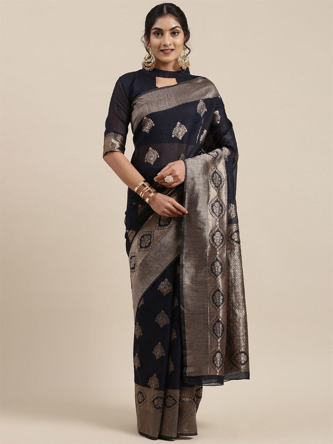 

ODETTE Navy Blue & Silver-Toned Woven Design Zari Linen Blend Banarasi Saree