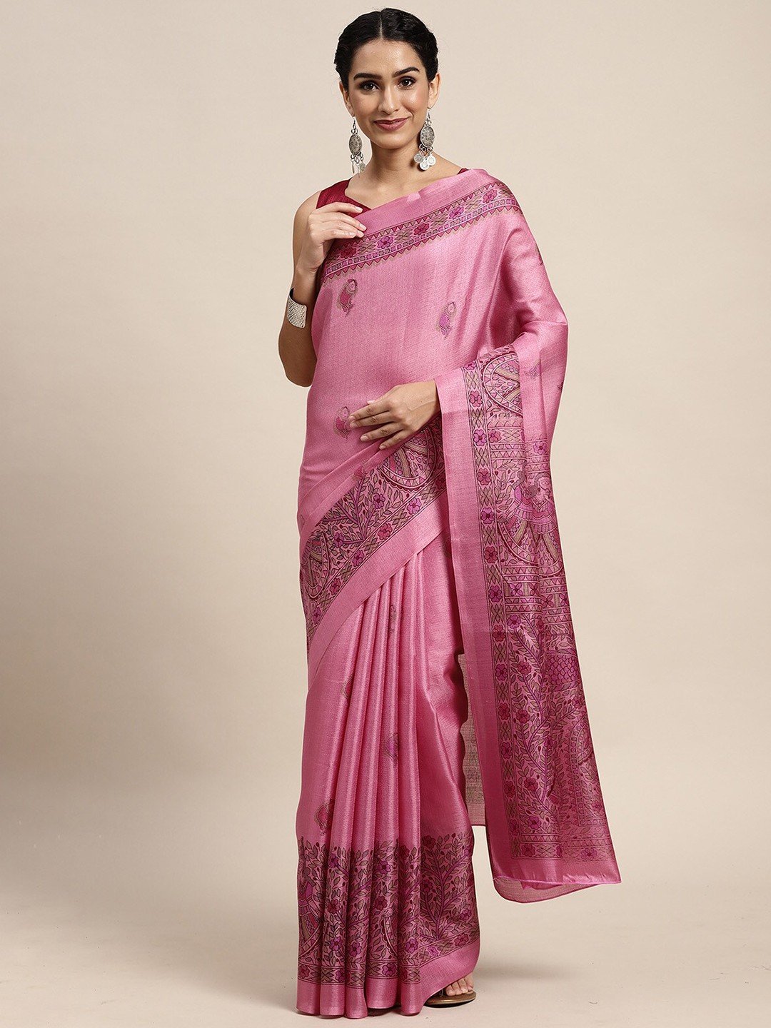 

ODETTE Purple & Black Printed Silk Blend Saree