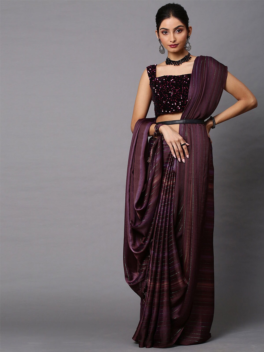 

ODETTE Magenta & Black Embellished Georgette Saree