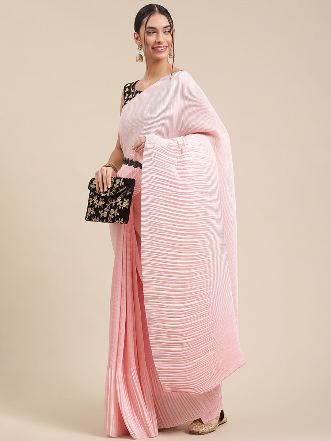 

ODETTE Pink Pure Crepe Saree