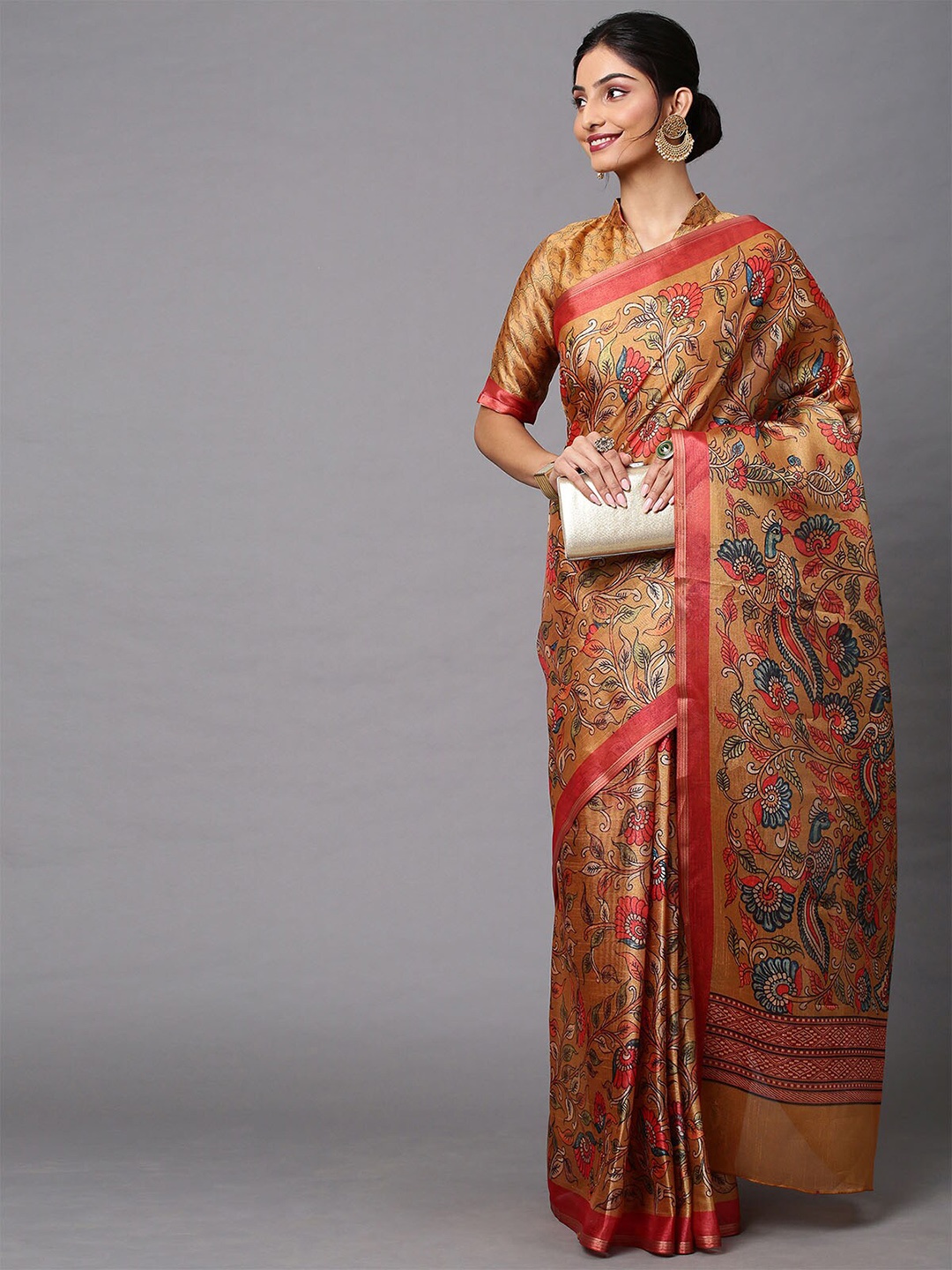 

ODETTE Beige & Blue Floral Linen Blend Pochampally Saree