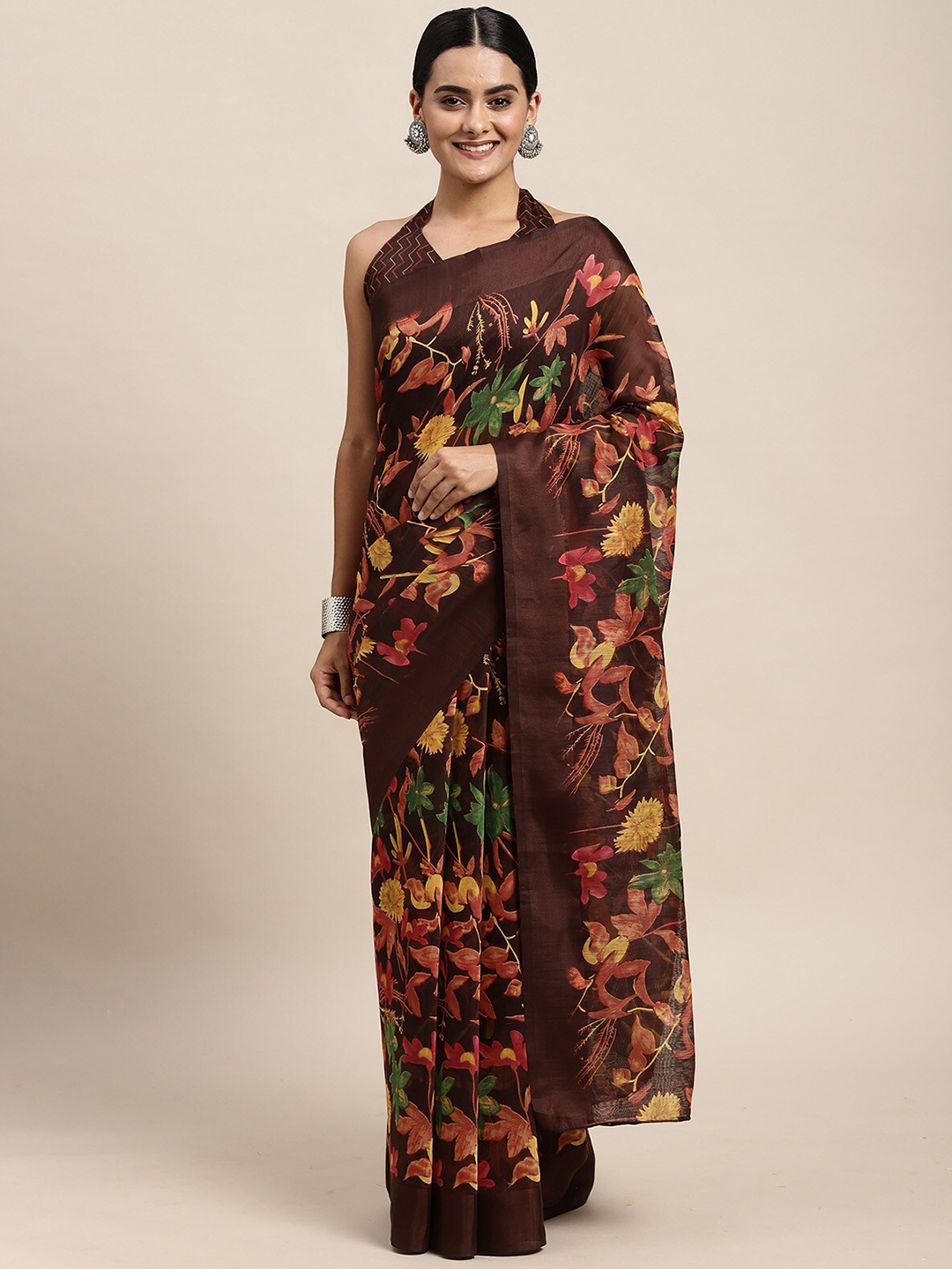 

ODETTE Brown & Pink Floral Silk Cotton Saree