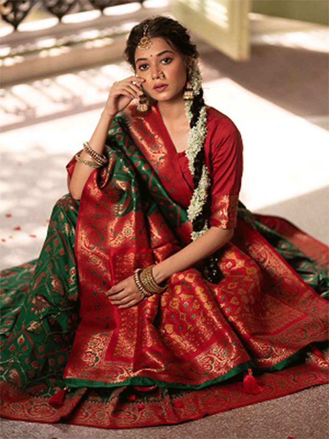 

ODETTE Green & Red Woven Design Zari Silk Blend Patola Saree