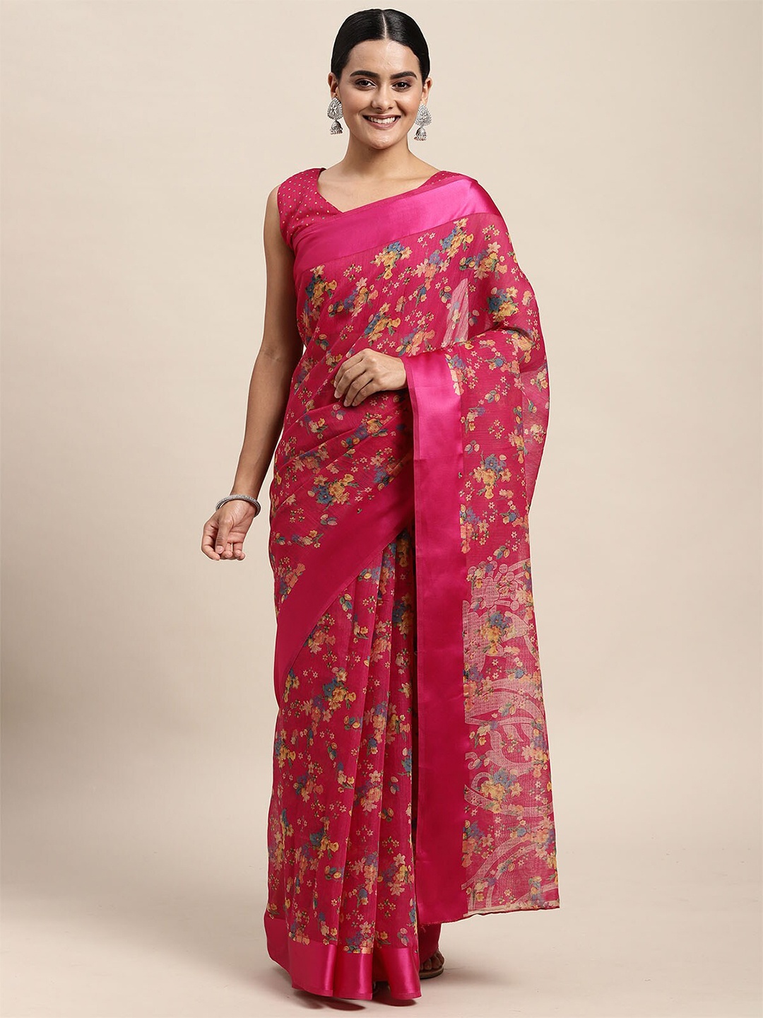 

ODETTE Pink & Green Floral Silk Cotton Saree
