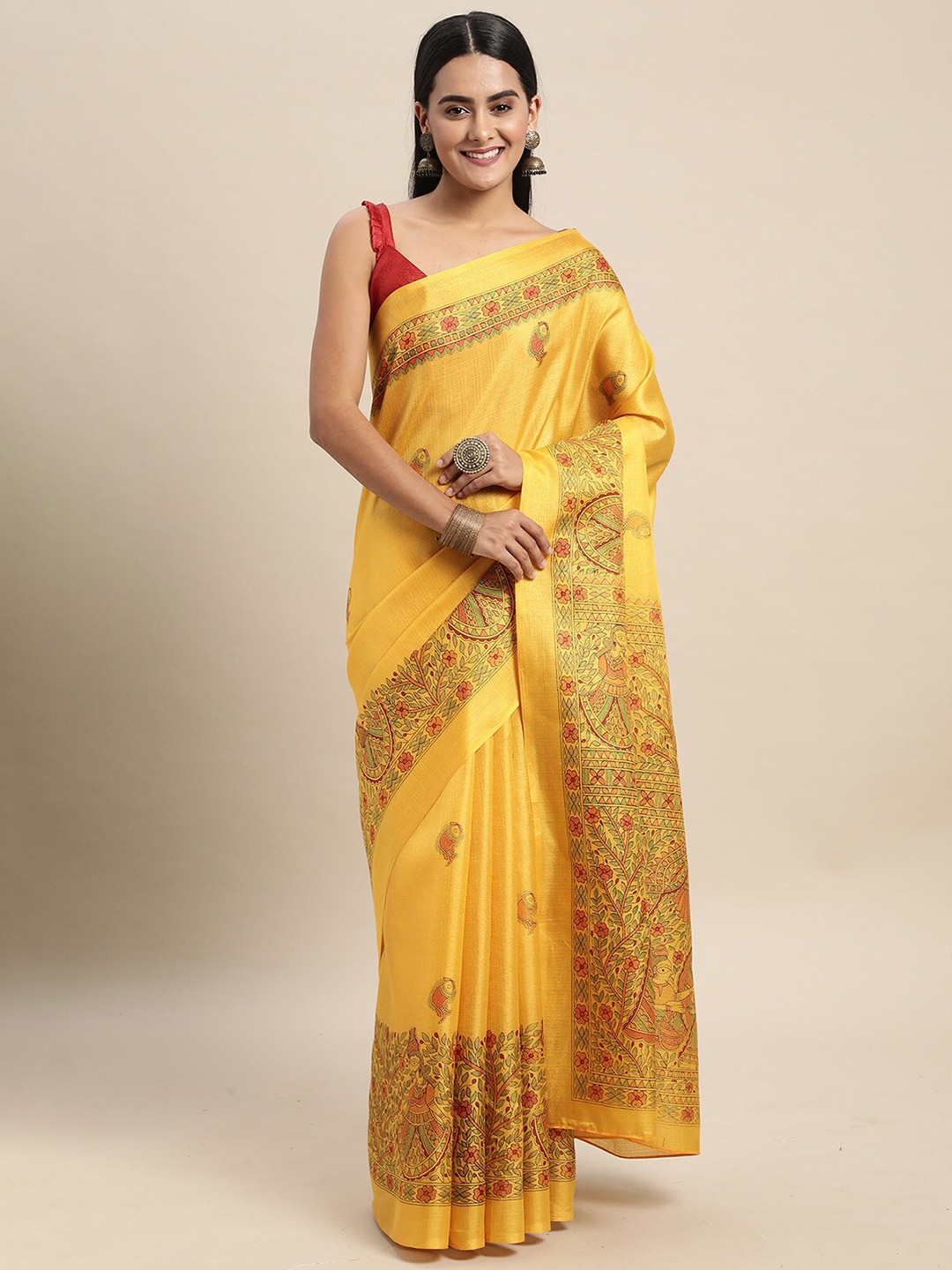 

ODETTE Mustard & Green Ethnic Motifs Silk Blend Saree