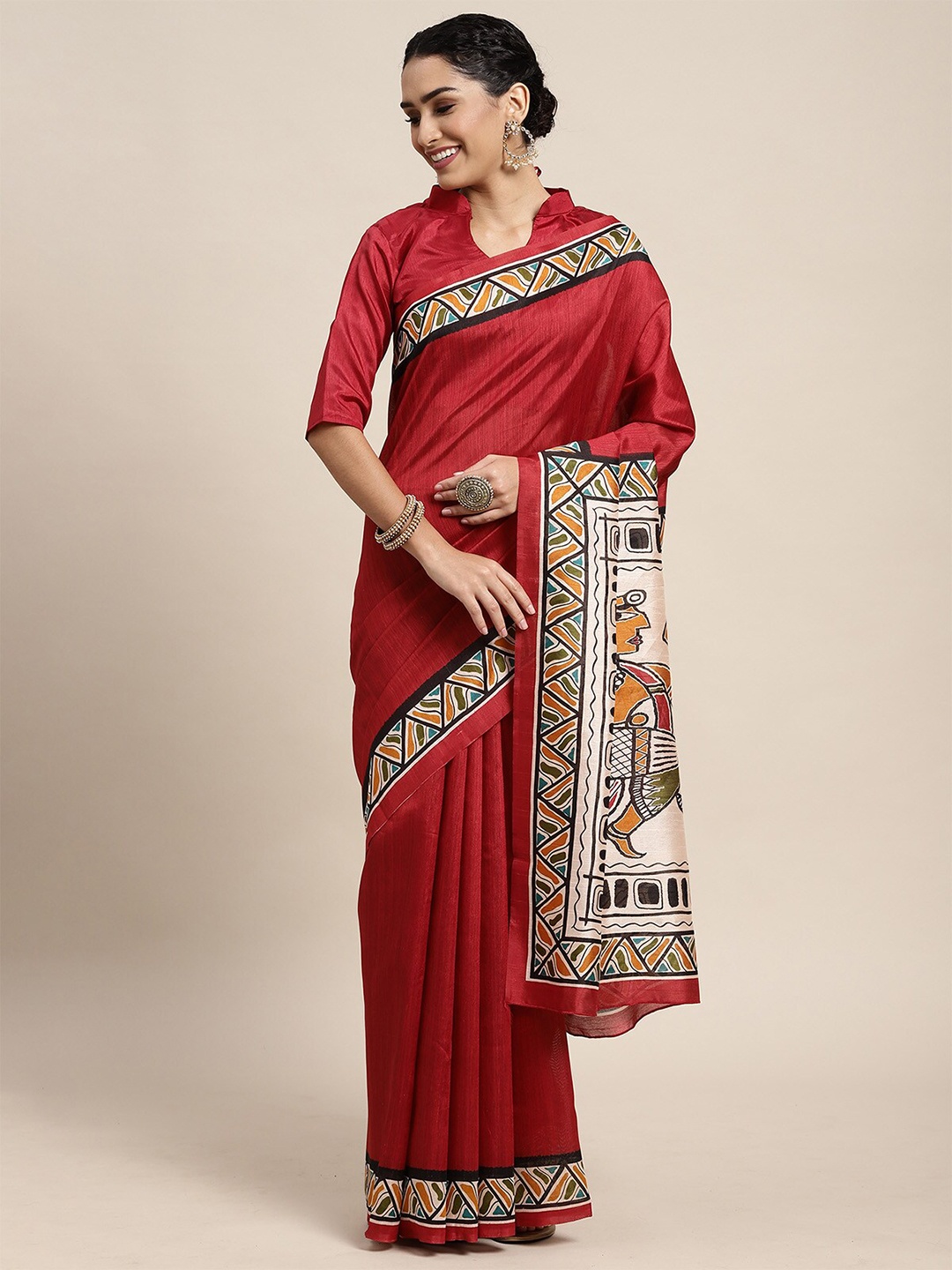 

ODETTE Maroon & Black Silk Blend Saree