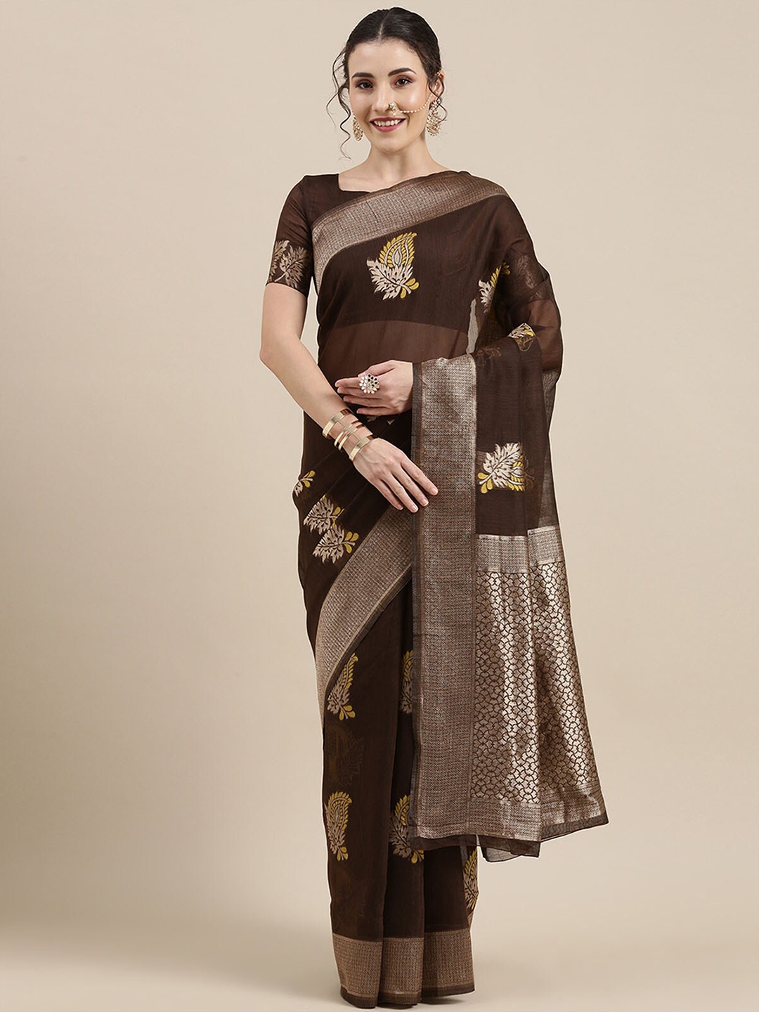

ODETTE Brown & Gold-Toned Woven Design Zari Linen Blend Banarasi Saree