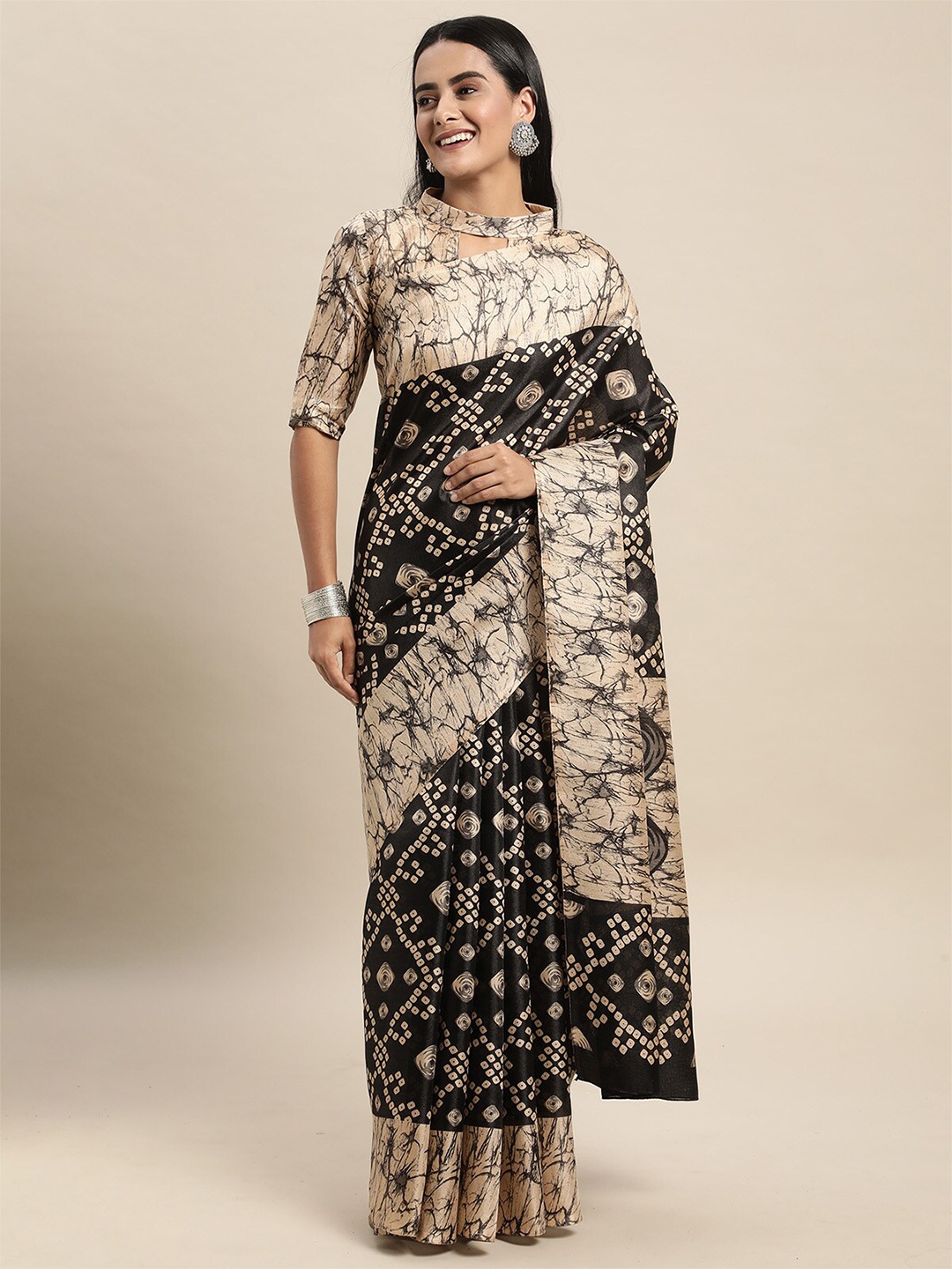 

ODETTE Black & Cream-Coloured Bandhani Silk Blend Bhagalpuri Saree