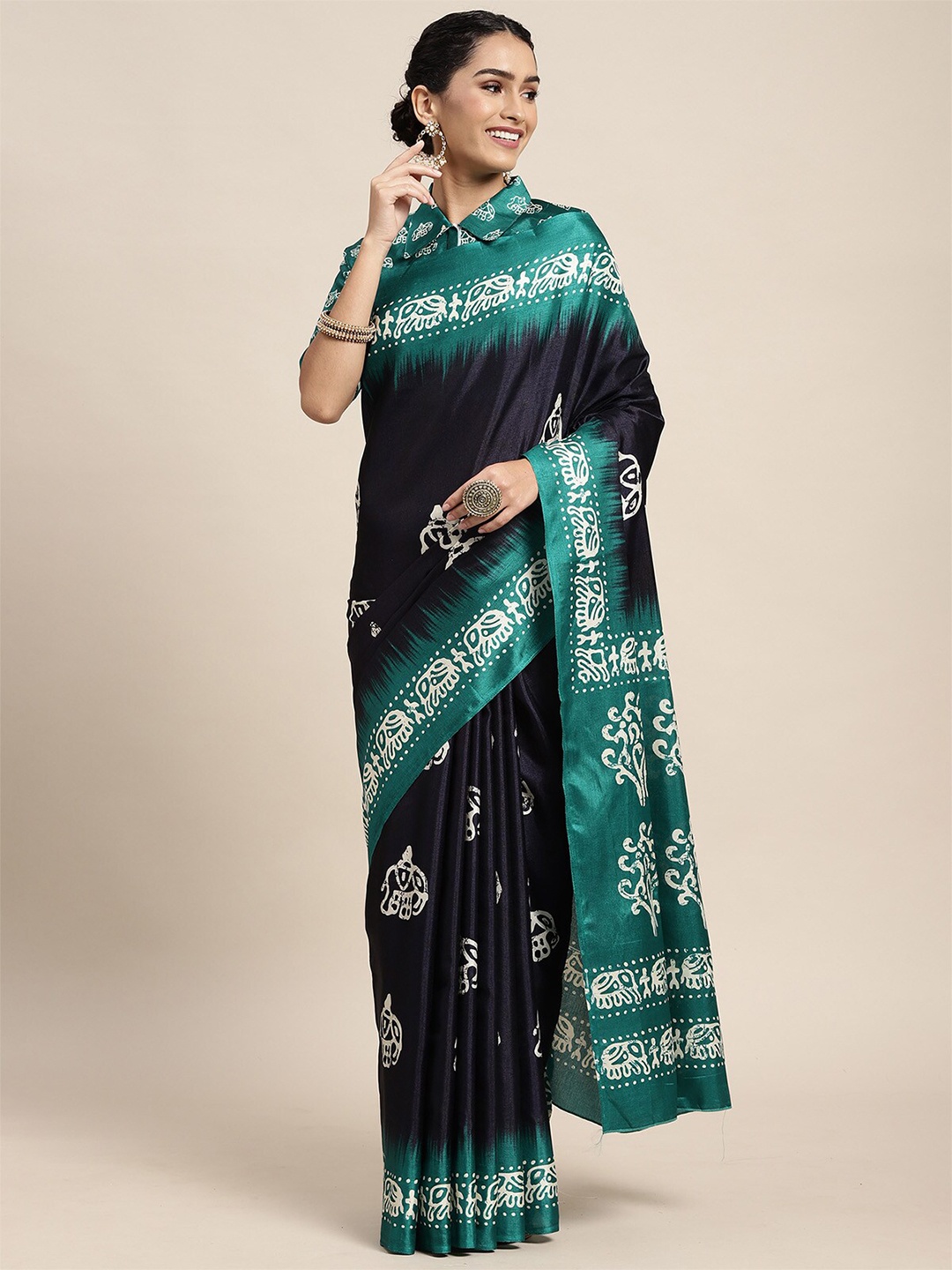 

ODETTE Navy Blue & Teal Batik Printed Saree