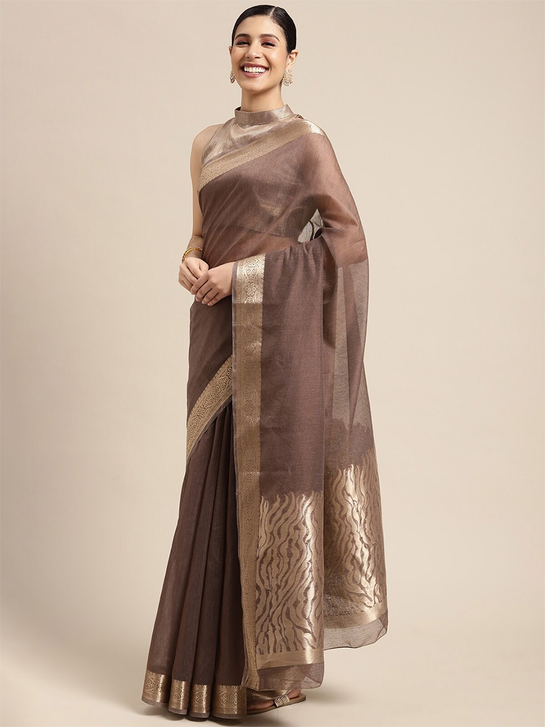 

ODETTE Coffee Brown & Gold-Toned Zari Linen Blend Taant Saree