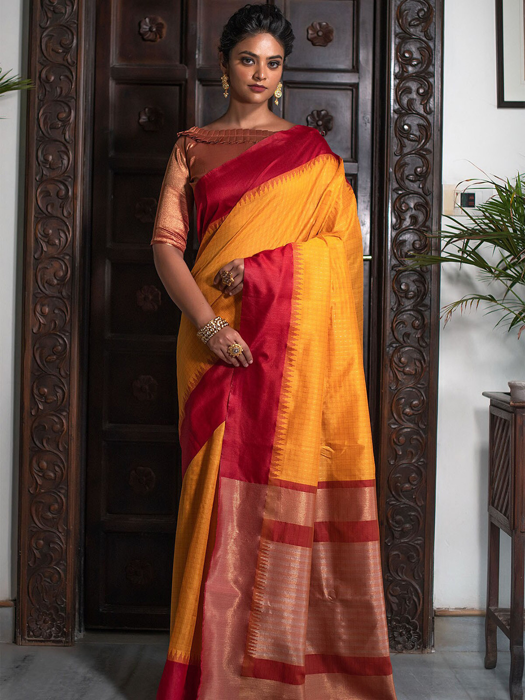 

ODETTE Yellow & Maroon Woven Design Zari Art Silk Saree