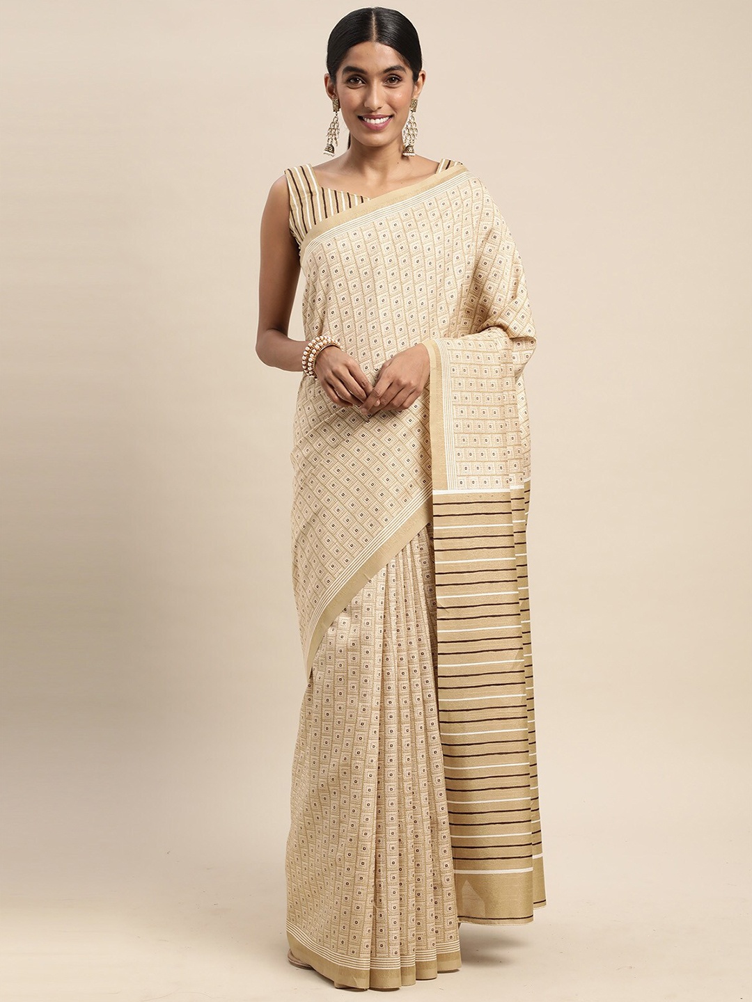 

ODETTE Beige & White Silk Blend Bhagalpuri Saree