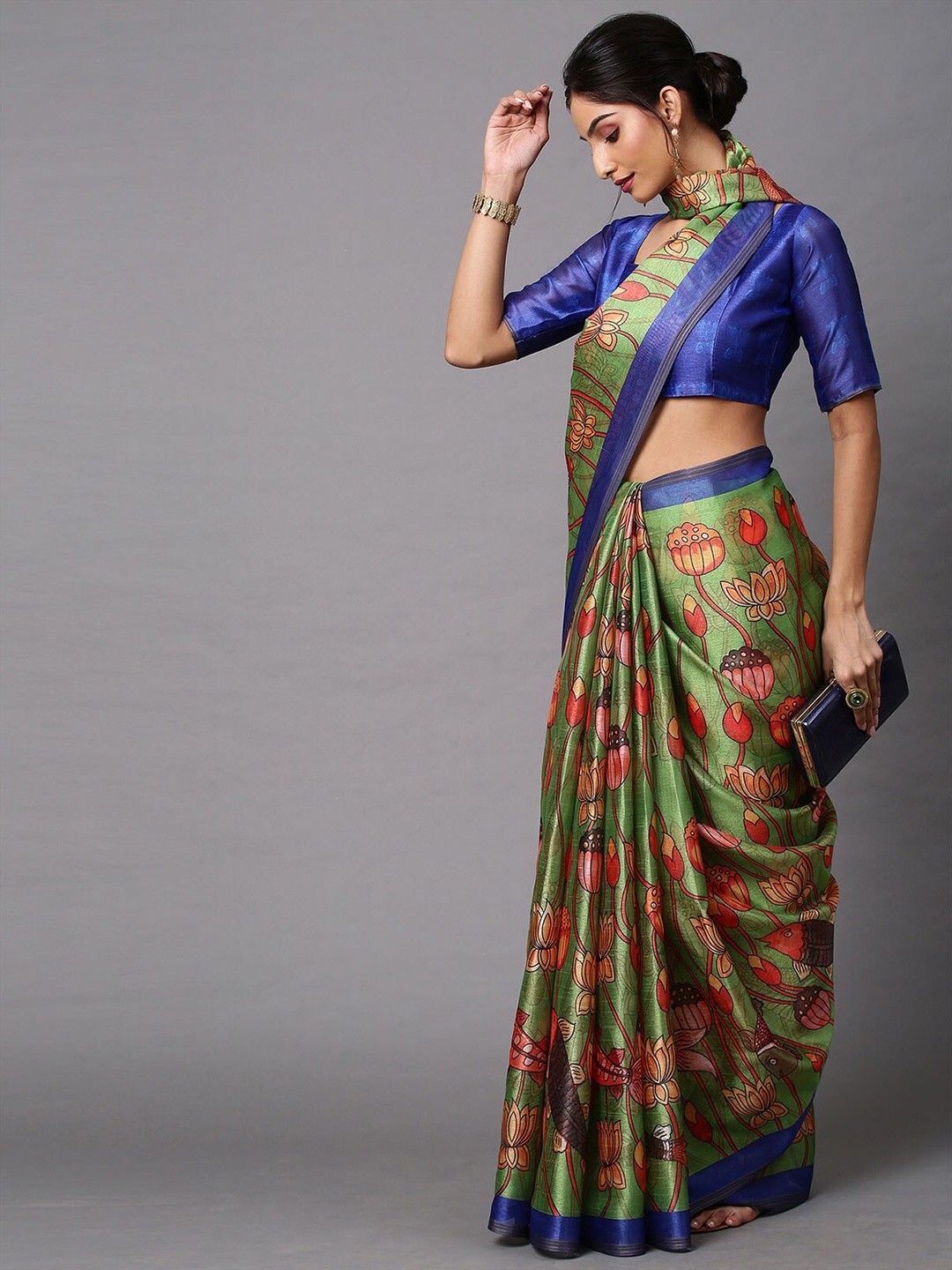 

ODETTE Olive Green & Blue Kalamkari Linen Blend Pochampally Saree