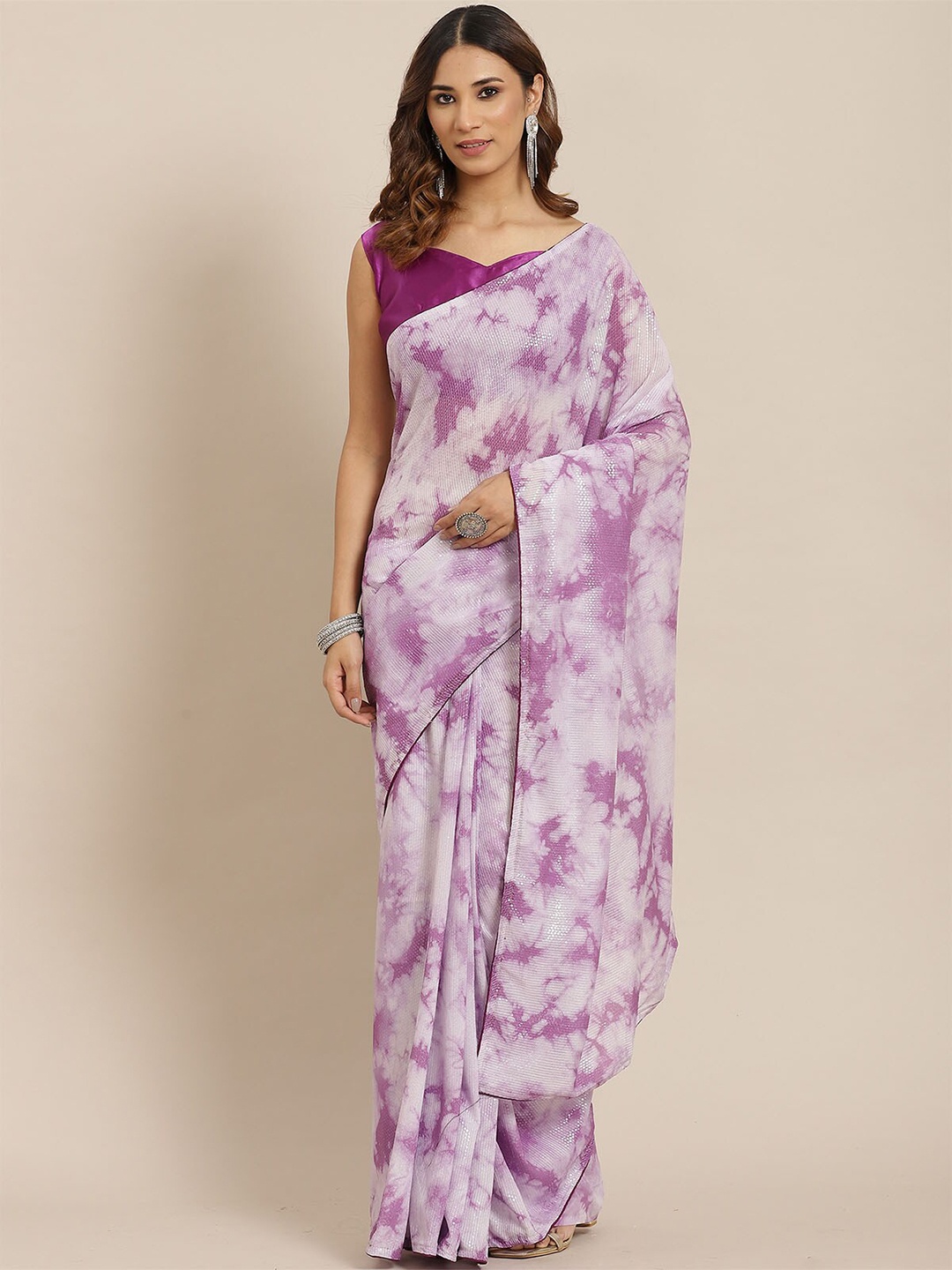 

ODETTE Purple & White Tie and Dye Embellished Sequinned Saree