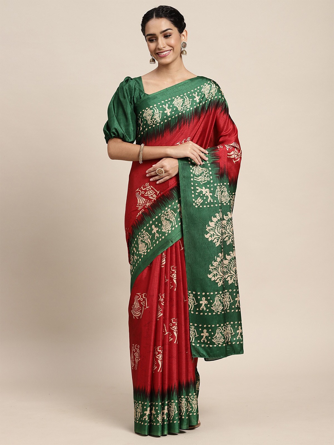 

ODETTE Red & Green Ethnic Motifs Silk Blend Saree