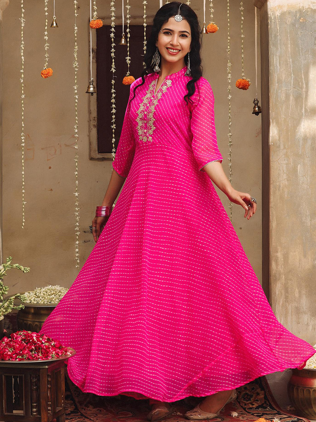 

SCAKHI Women Pink Ethnic Motifs Embroidered Thread Work Summer Sheers Georgette Anarkali Kurta