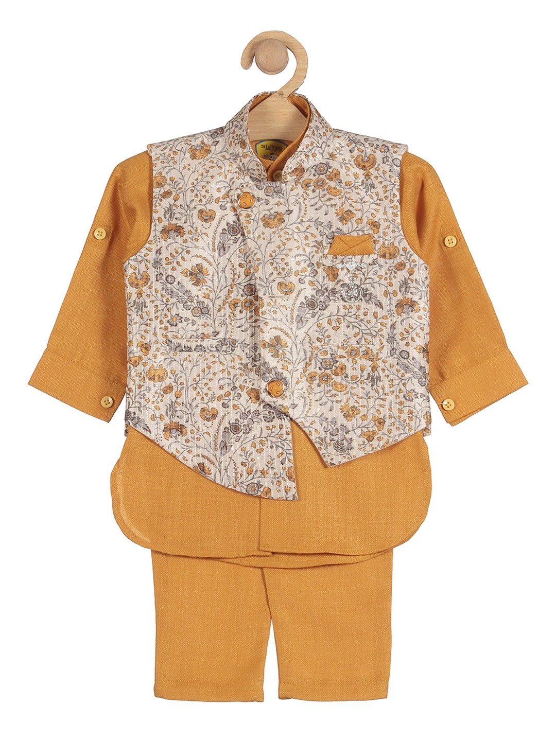 

Lil Lollipop Boys Pure Cotton Kurta & Dhoti Pant with Nehru Jacket, Mustard