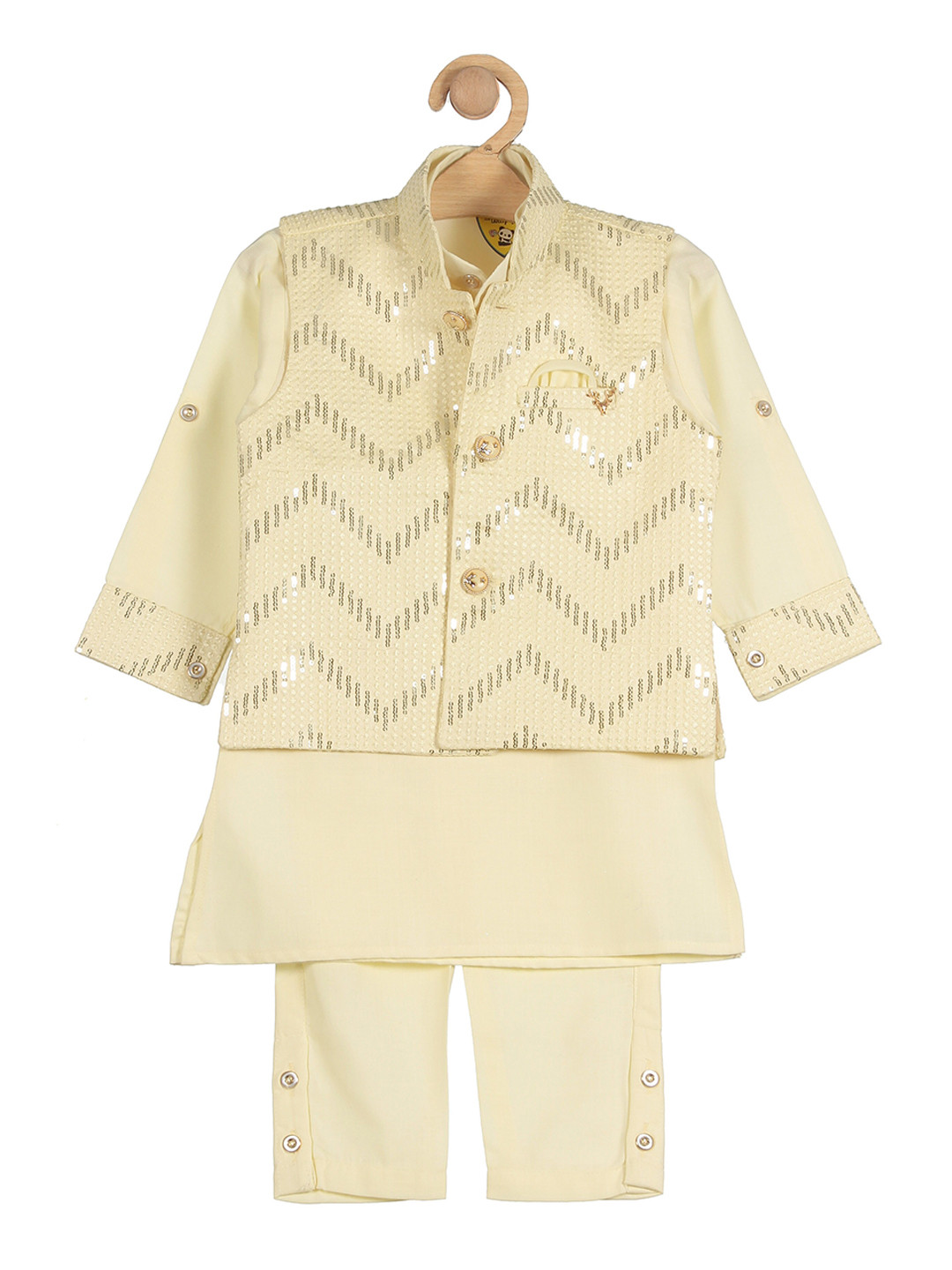 

Lil Lollipop Boys Pure Cotton Kurti with Pyjamas & Jacket Set, Yellow