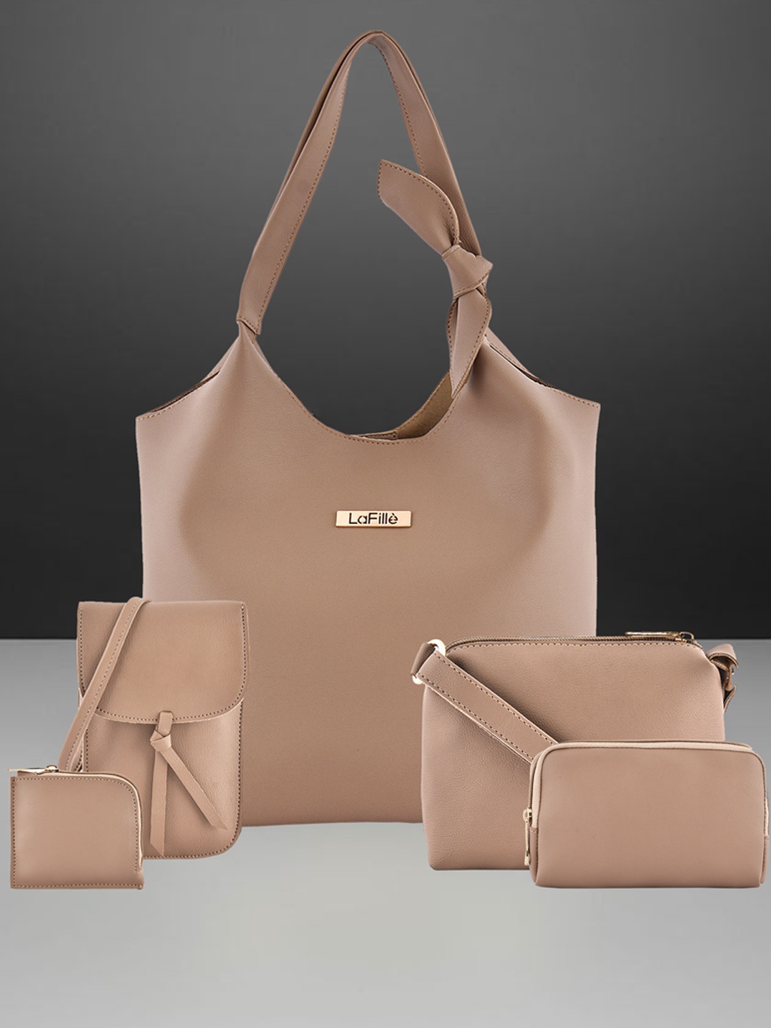 

LaFille Pack Of 5 PU Structured Handheld Bag with Bow Detail, Beige