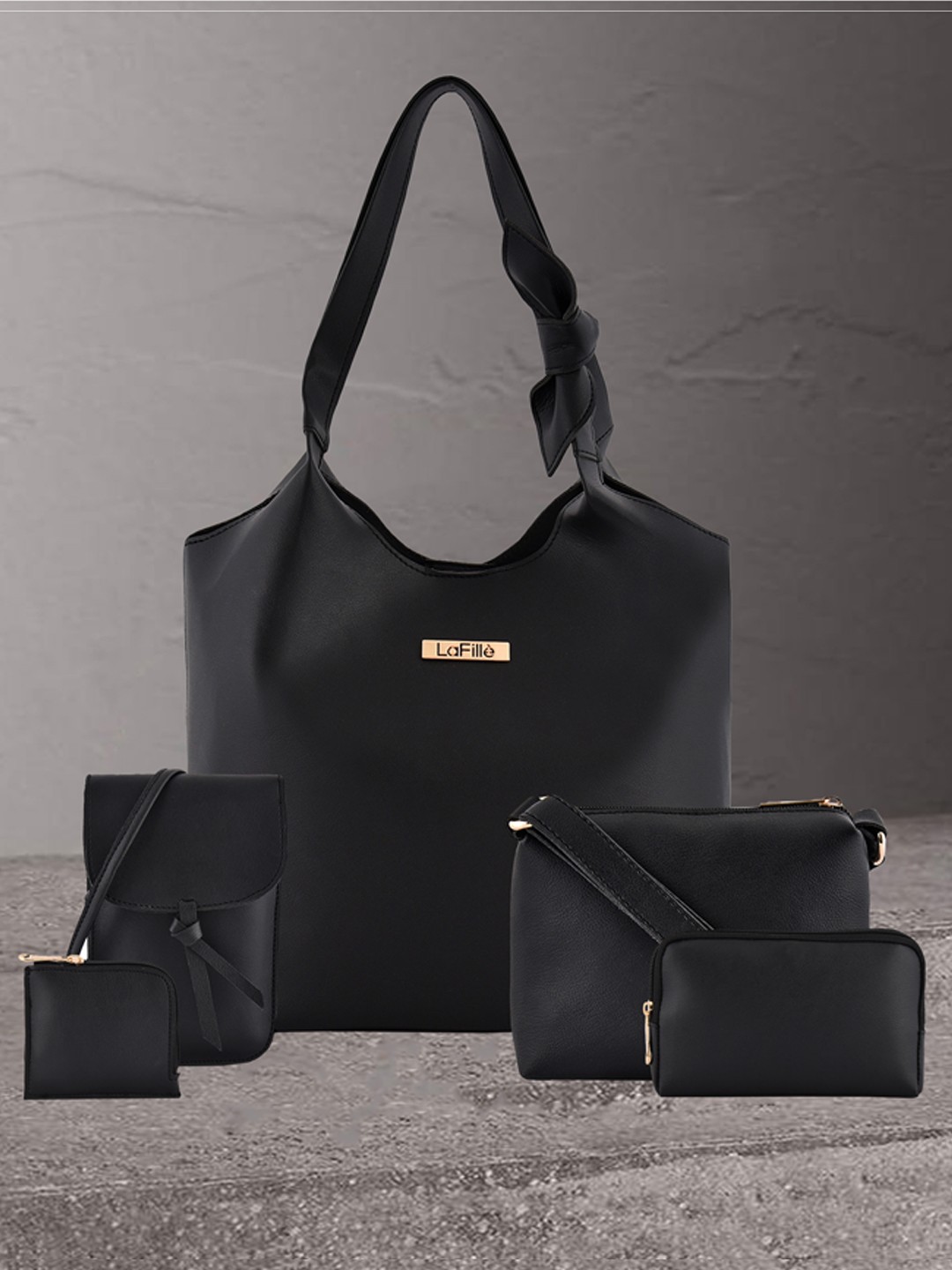 

LaFille Pack Of 5 PU Structured Handheld Bag with Bow Detail, Black