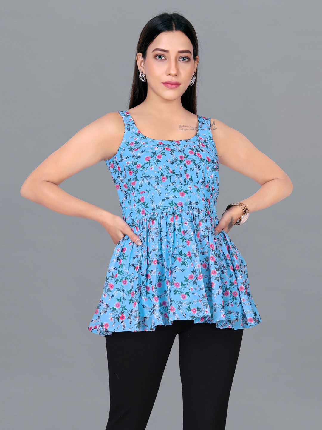 

FASHION DREAM Blue Geometric Print Georgette Peplum Top