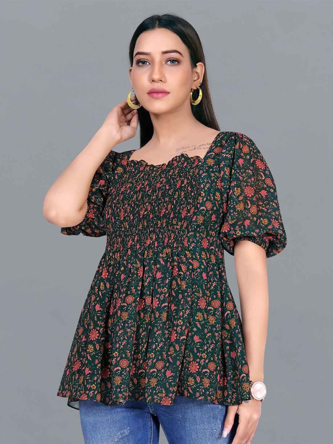 

FASHION DREAM Green Floral Print Georgette Empire Top
