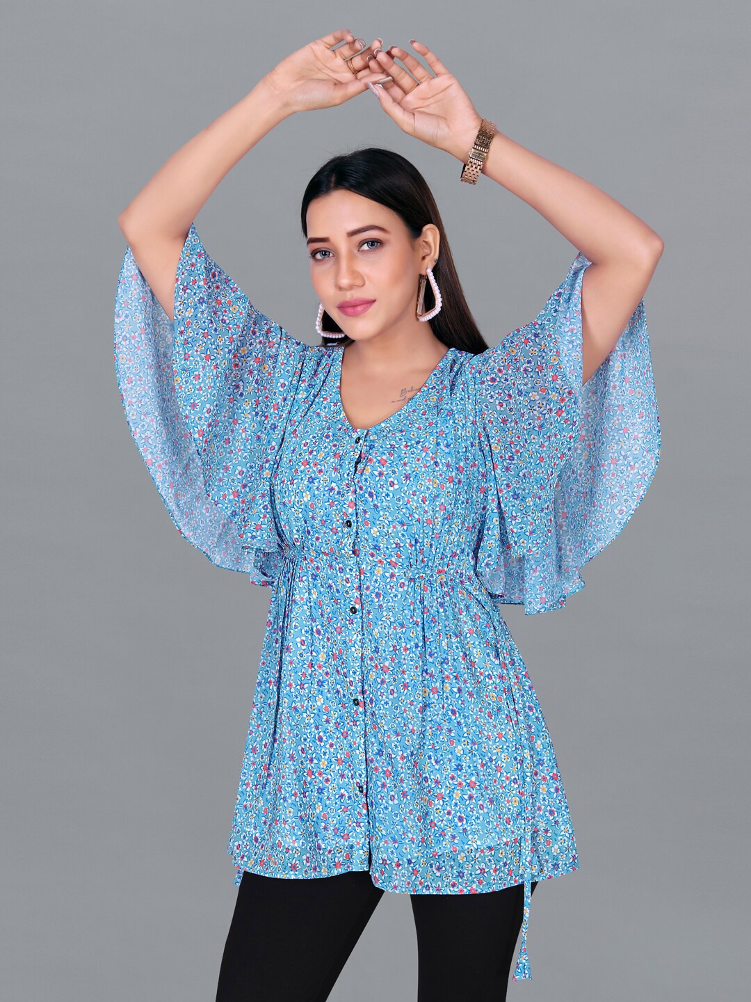 

FASHION DREAM Women Blue Floral Print Georgette Top