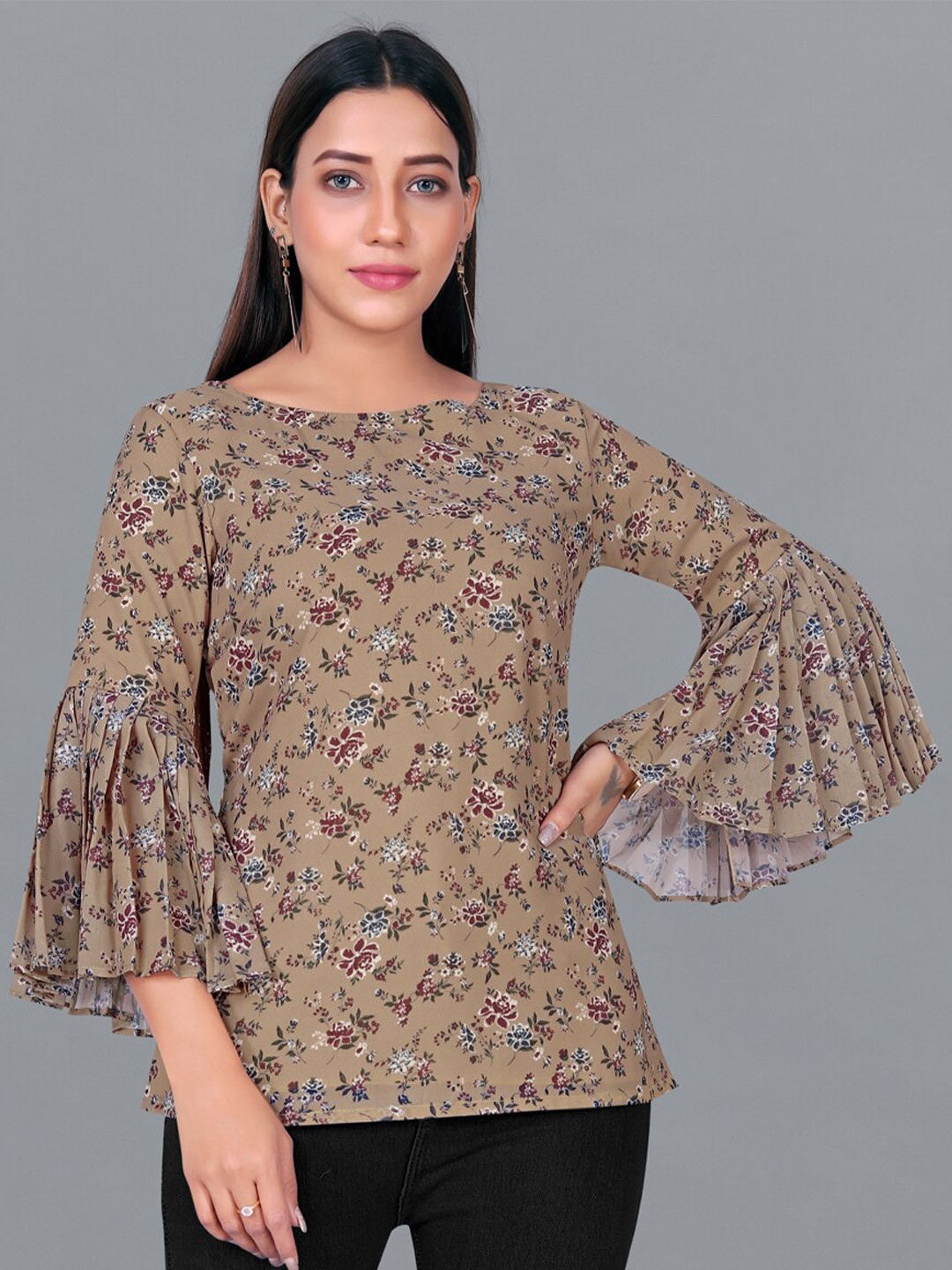 

FASHION DREAM Beige Floral Print Georgette Top