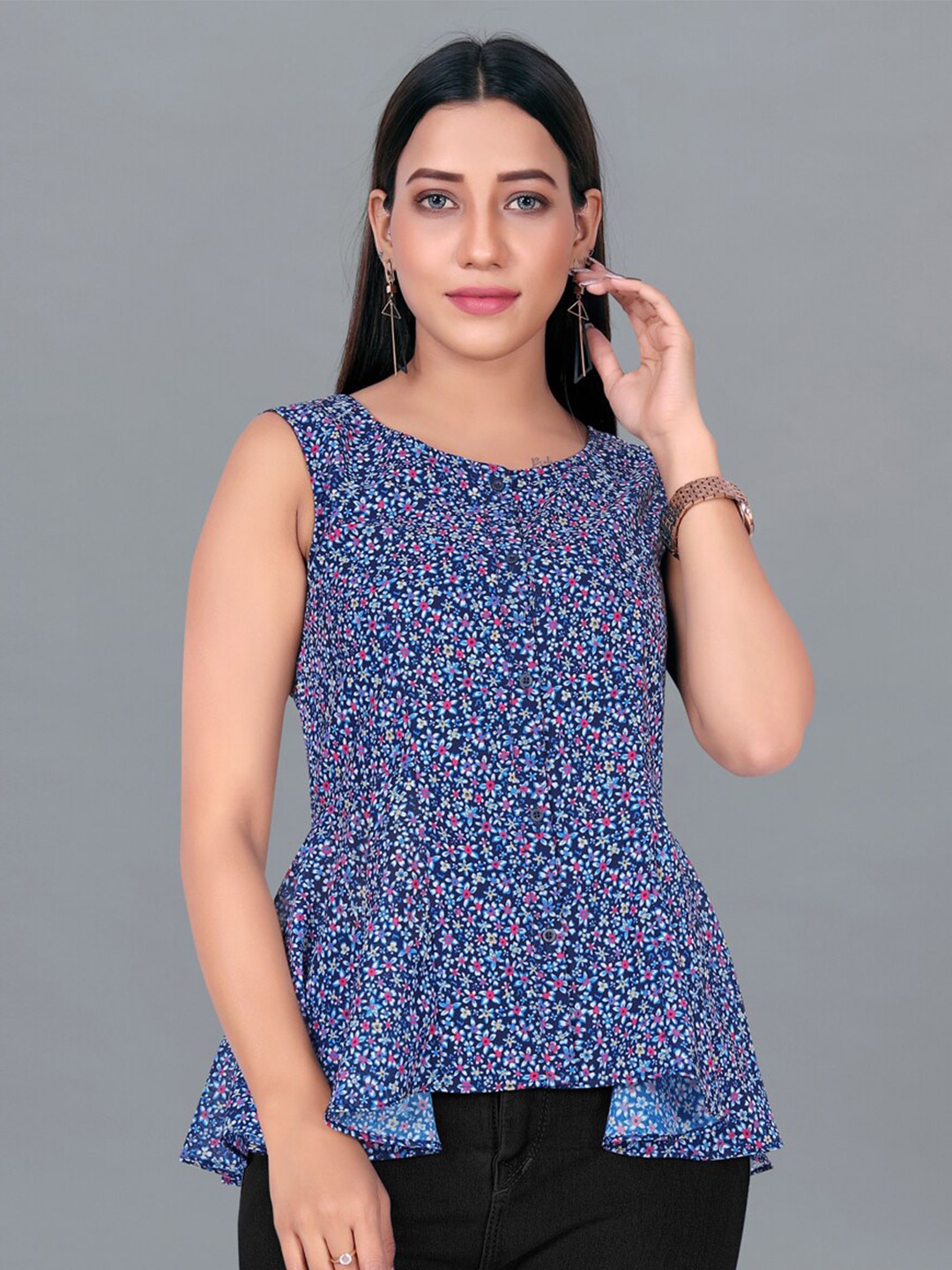 

FASHION DREAM Navy Blue Geometric Print Georgette Peplum Top