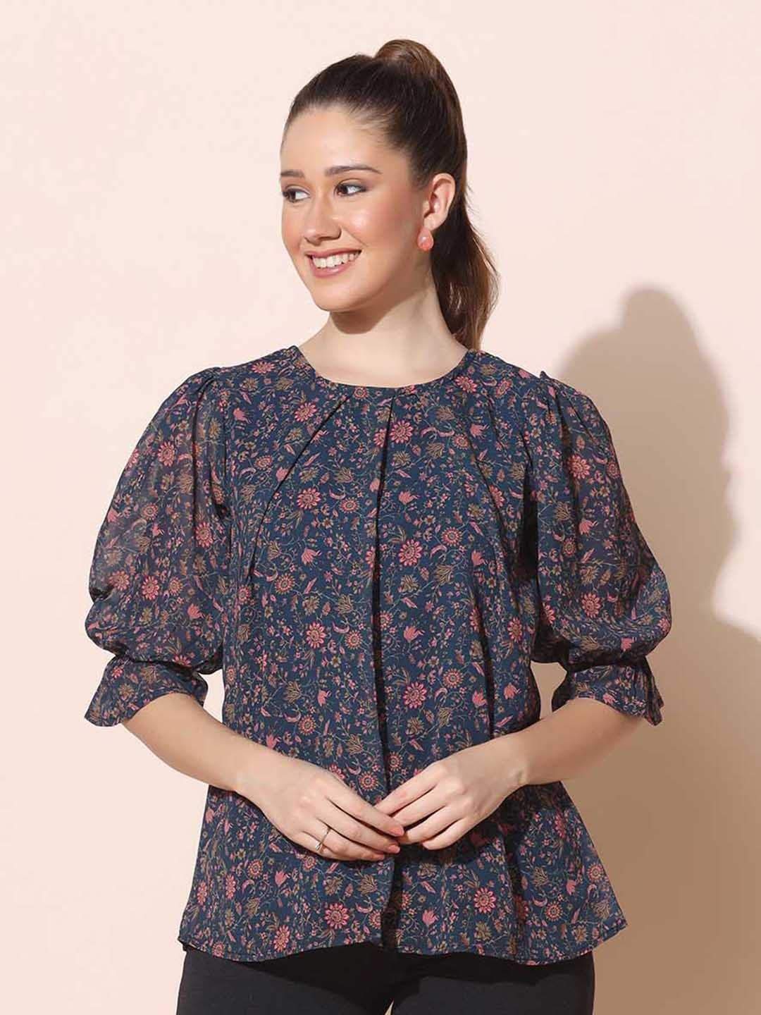 

FASHION DREAM Navy Blue Floral Print Georgette Top