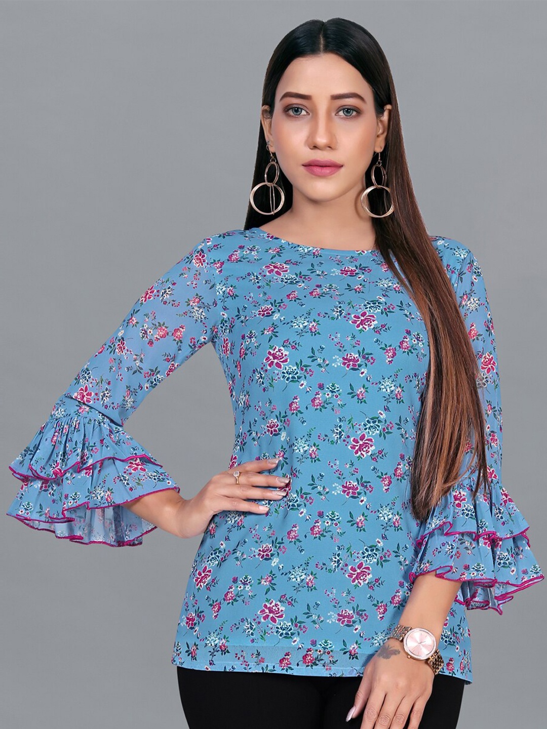 FASHION DREAM Blue Floral Print Georgette Top
