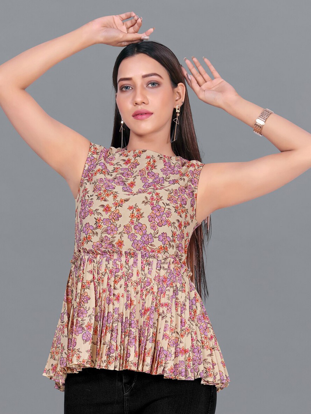 

FASHION DREAM Cream-Coloured Floral Print Georgette Top