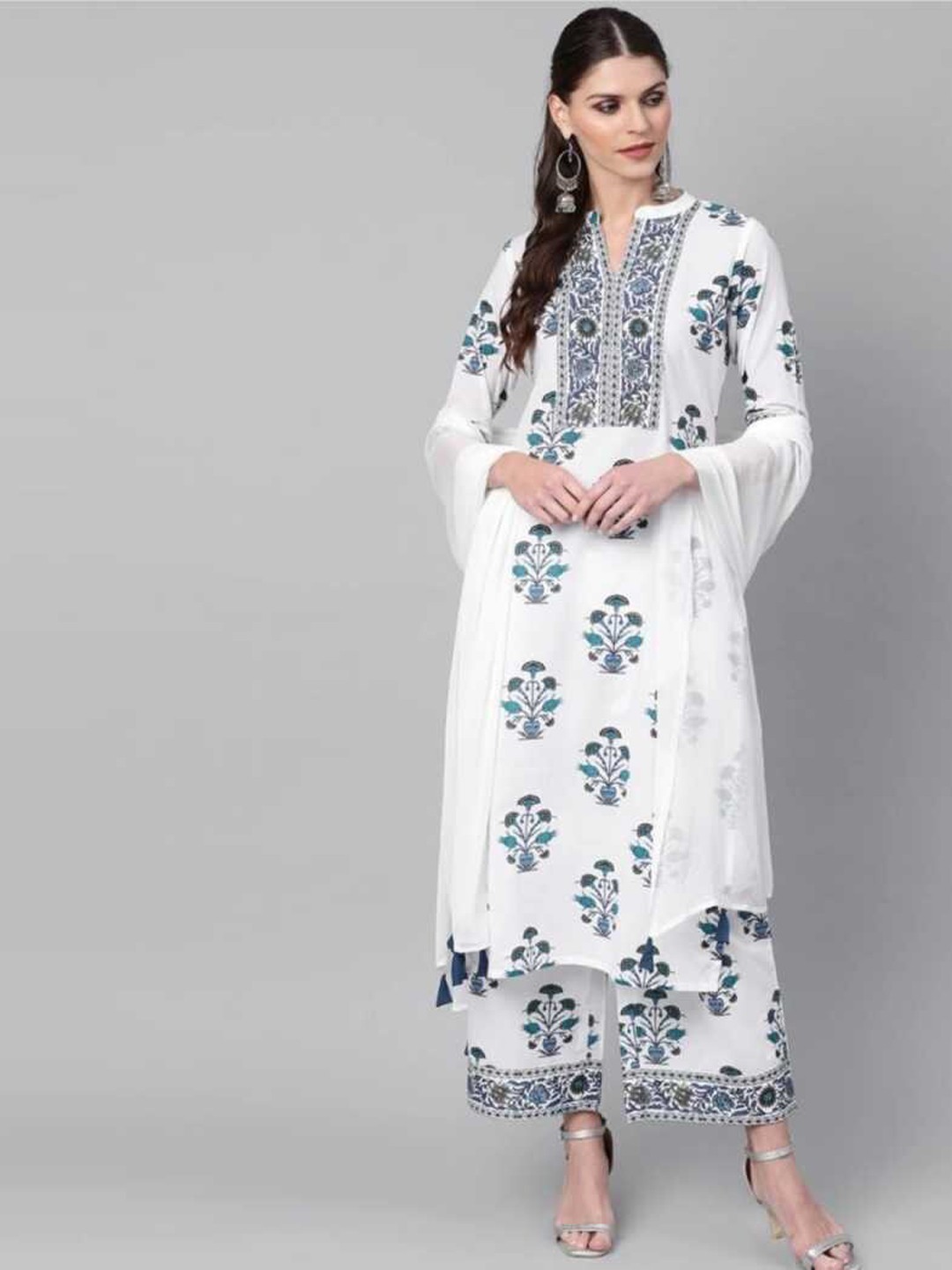 

Ngudi Women White Floral Embroidered Kurti with Palazzos & Dupatta