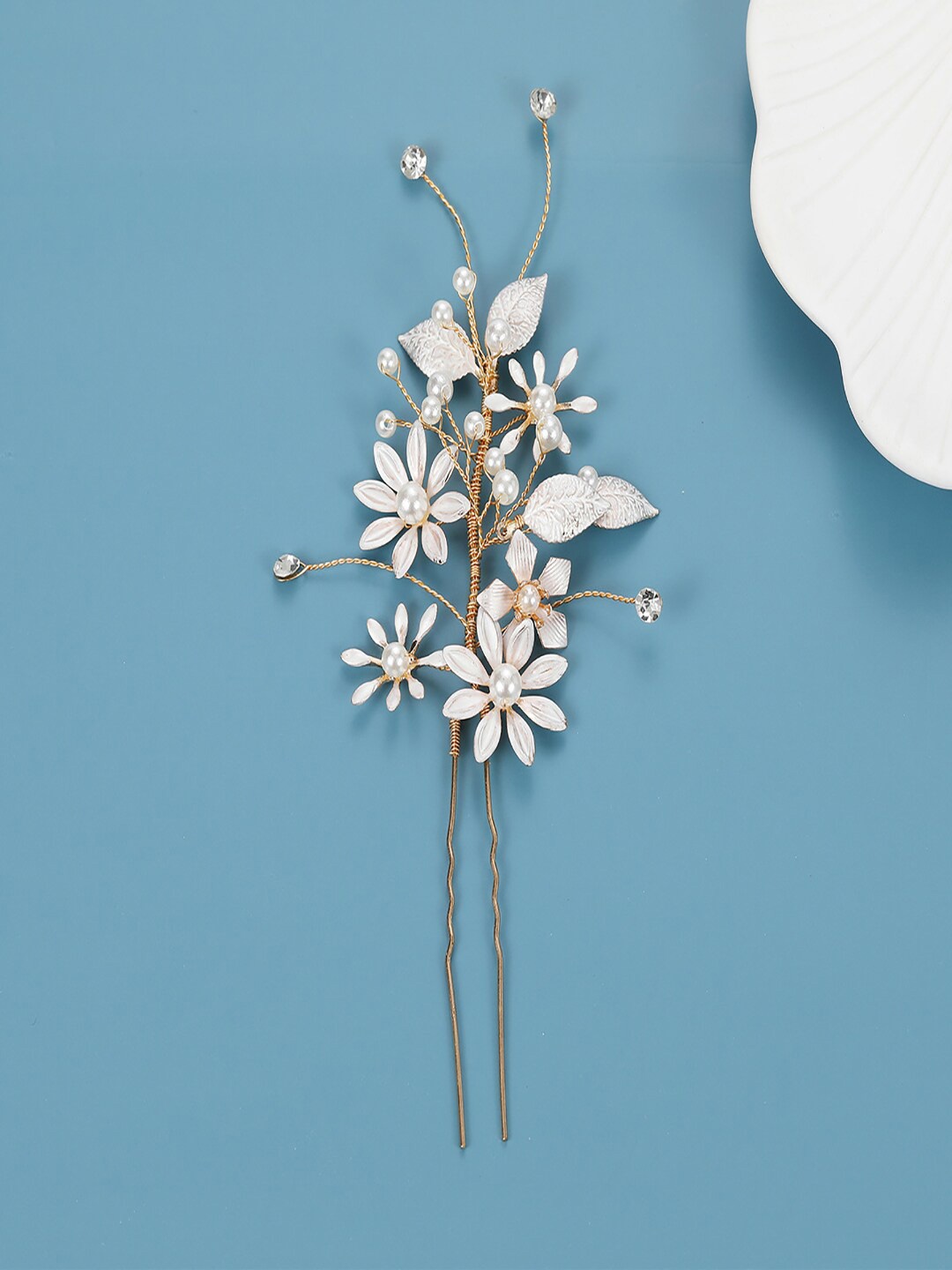 

AQUASTREET Women White Gold-Plated Wedding Flower U-Shaped Hairpin