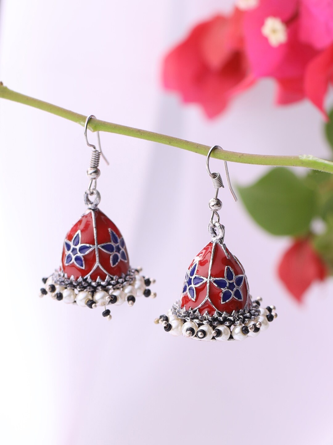 

VIRAASI Women Silver-Toned & Red Dome Shaped Jhumkas Earrings