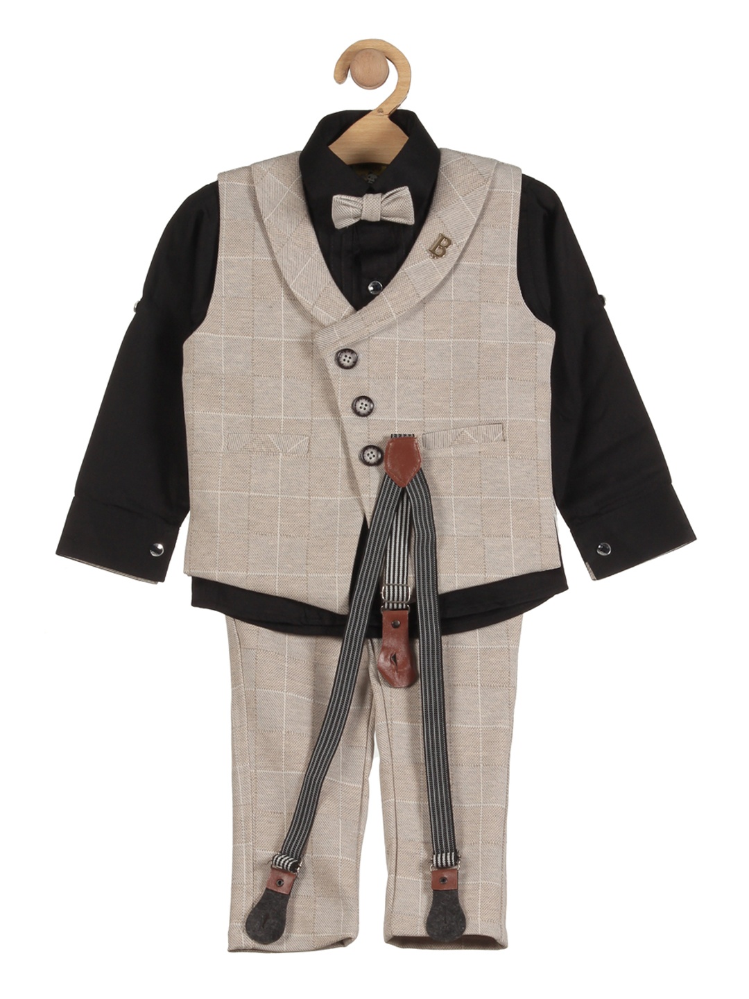 

Lil Lollipop Boys Beige & Black Checked Waistcoat With Trousers & Shirt