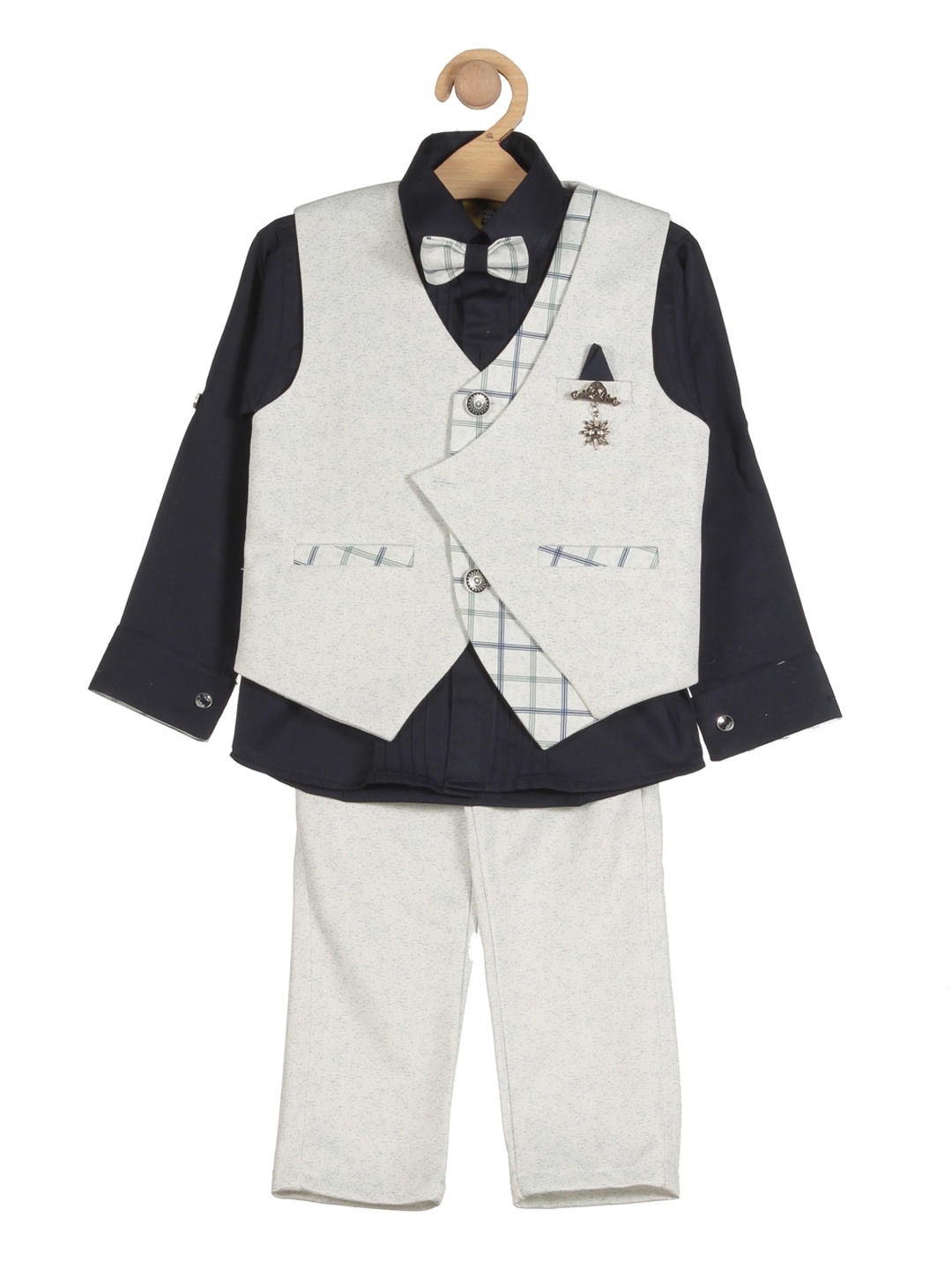 

Lil Lollipop Boys Beige & Navy Blue Solid Waistcoat With Trousers & Shirt