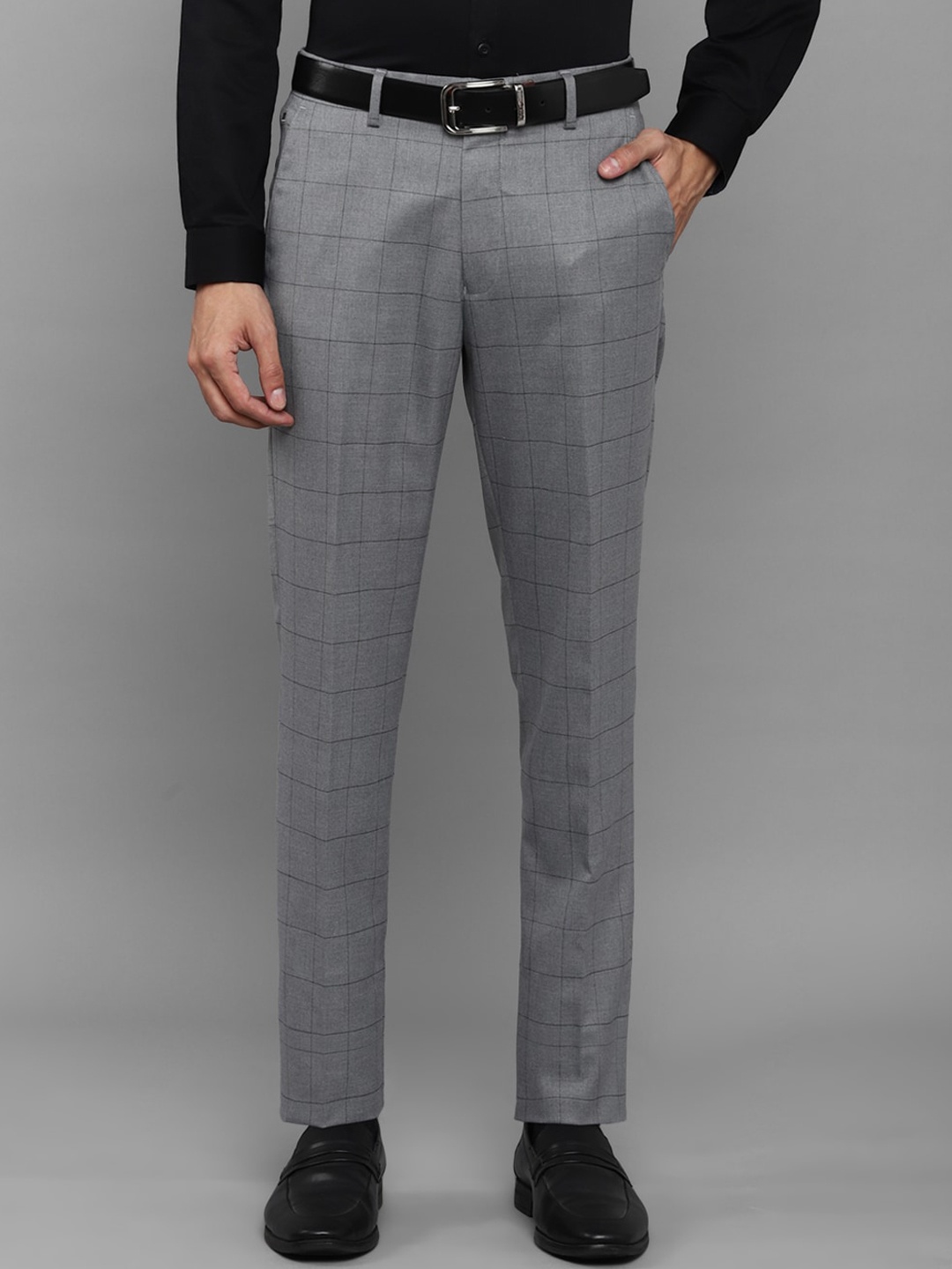 

Louis Philippe Men Grey Checked Slim Fit Trousers