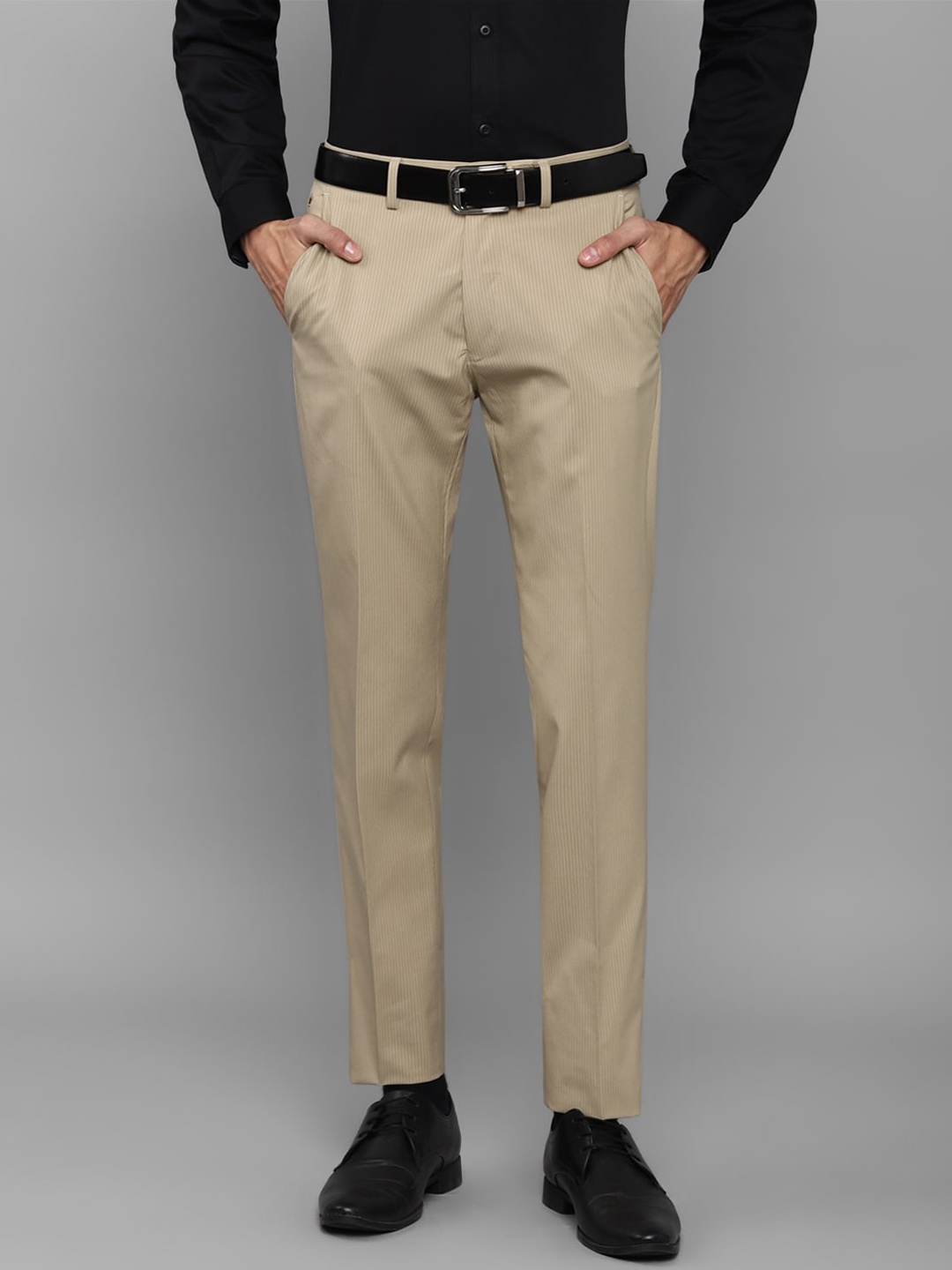 

Louis Philippe Men Beige Striped Slim Fit Formal Trousers