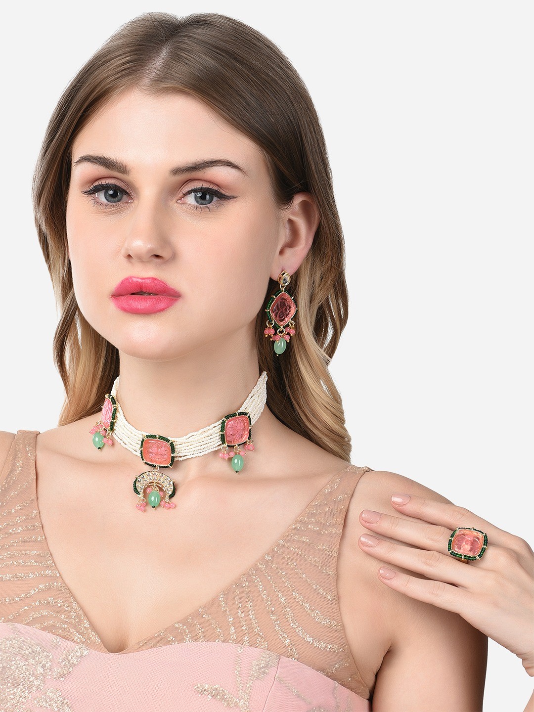 

Zaveri Pearls Pink & Green Pearls Beaded Choker Necklace Set With Ring, Gold