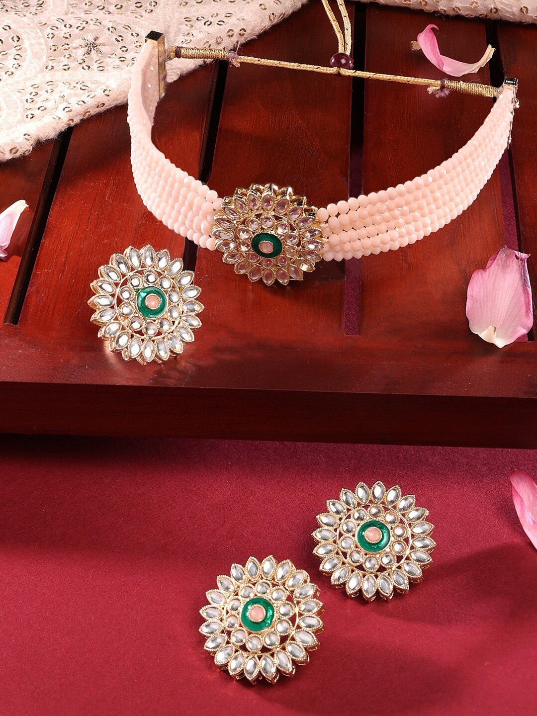 

Zaveri Pearls Beige & Green Meenakari Choker Necklace Set With Ring, Gold
