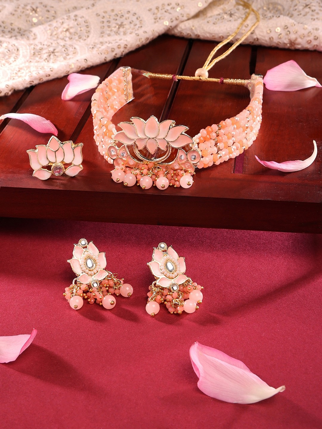 

Zaveri Pearls Orange & Peach Meenakari Lotus Crystal Choker Necklace Earring & Ring Set, Gold
