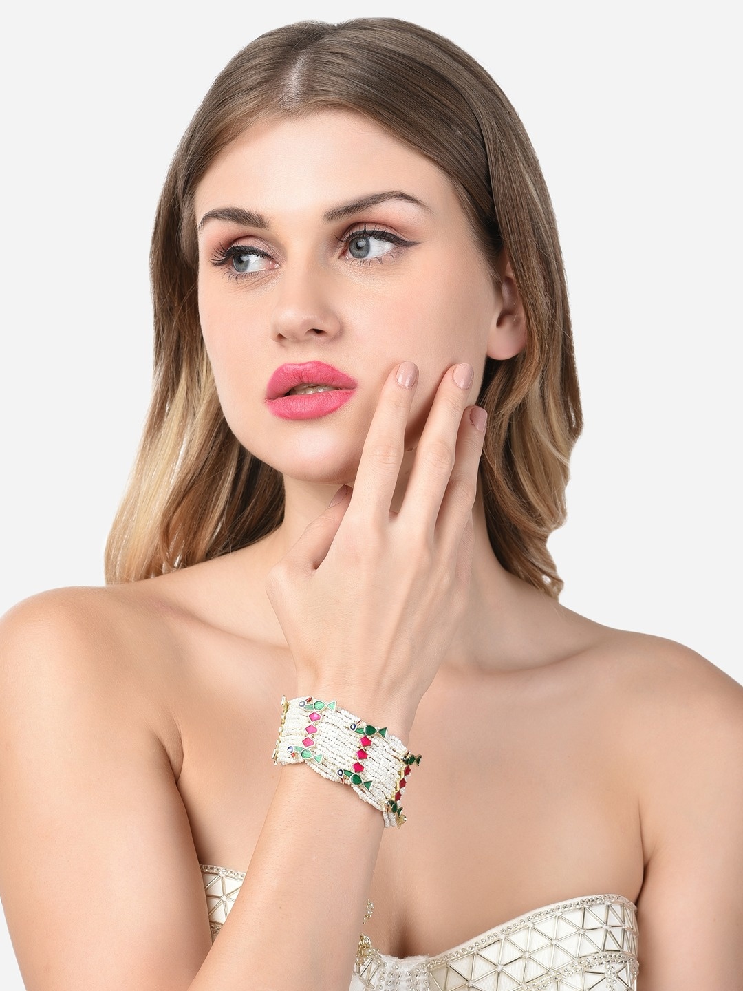 

Zaveri Pearls Women Peacock Inspired Multi strand Pearls Meenakari Charm Bracelet, Gold