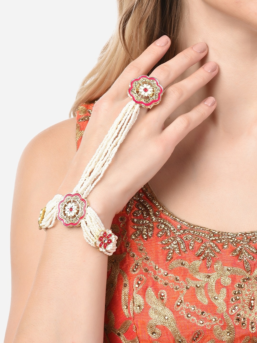 

Zaveri Pearls Women Gold-Toned & White Pearls Meenakari Gold-Plated Charm Bracelet